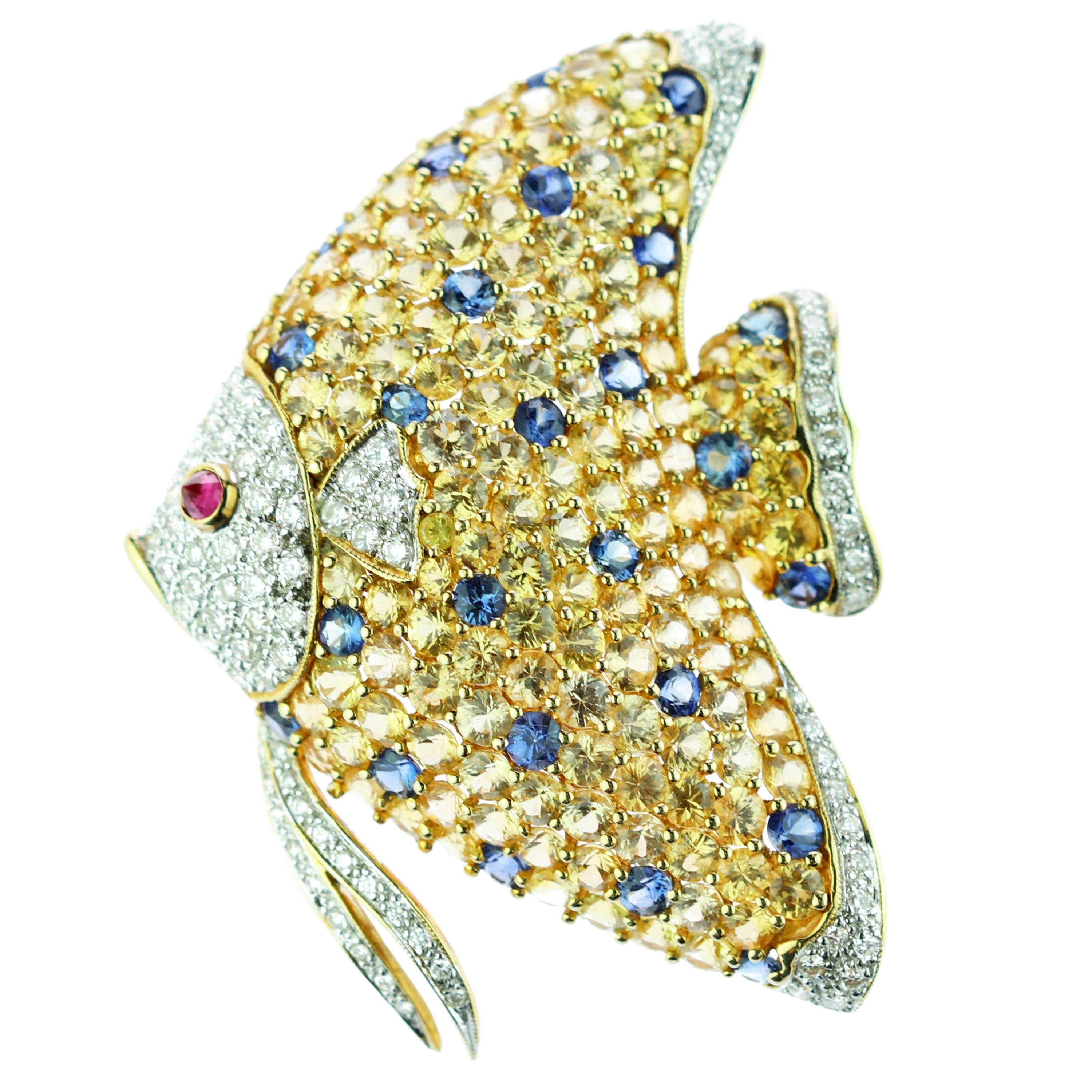 18 Karat Gold Sapphire Diamond Ruby Pave Gold Fish Pin Scarf Clip Piscis Brooch For Sale