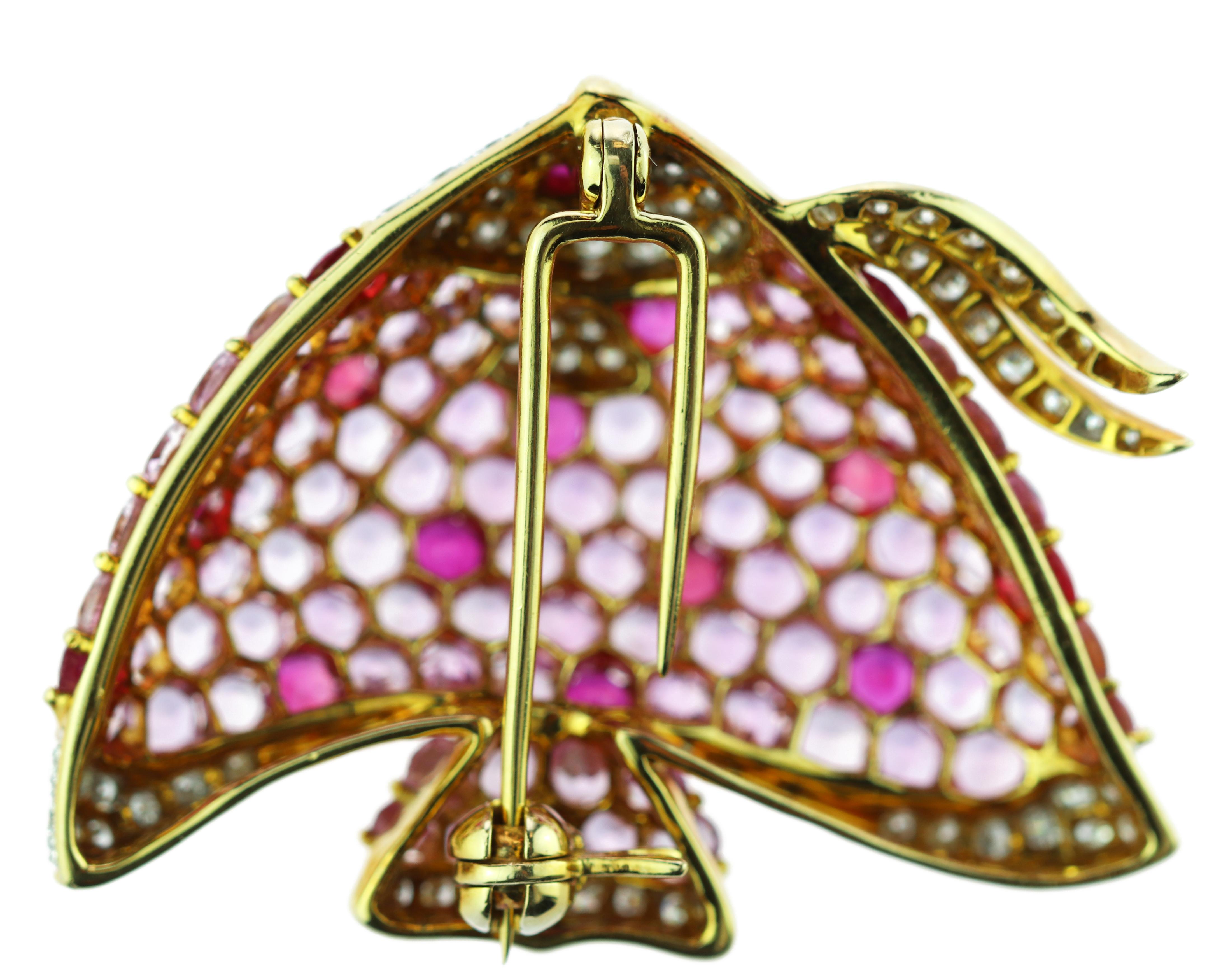 18 Karat Gold Pink Sapphire Diamond Ruby Pave Fish Pin Scarf Clip Piscis Brooch 1
