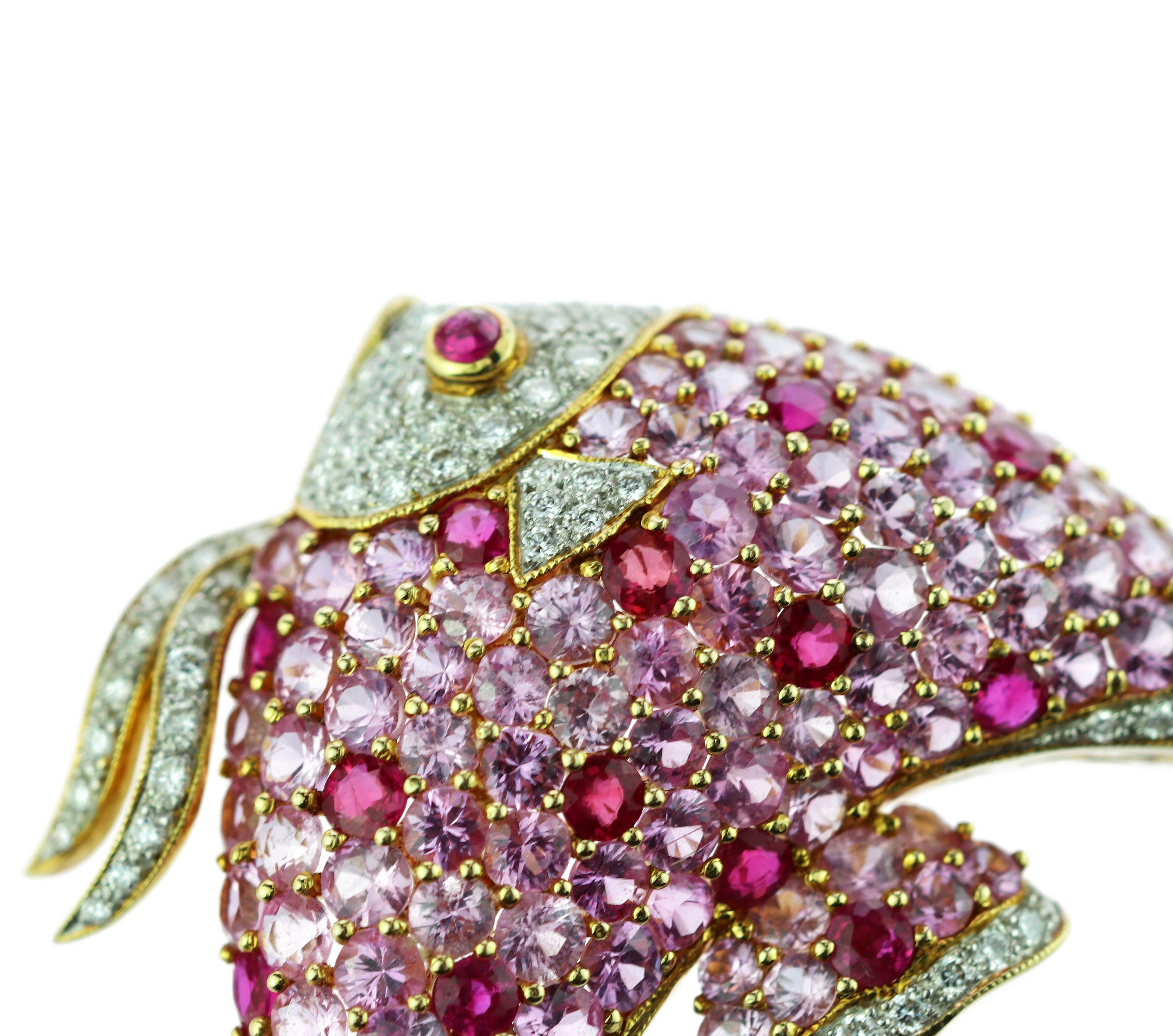 Classical Roman 18 Karat Gold Pink Sapphire Diamond Ruby Pave Fish Pin Scarf Clip Piscis Brooch