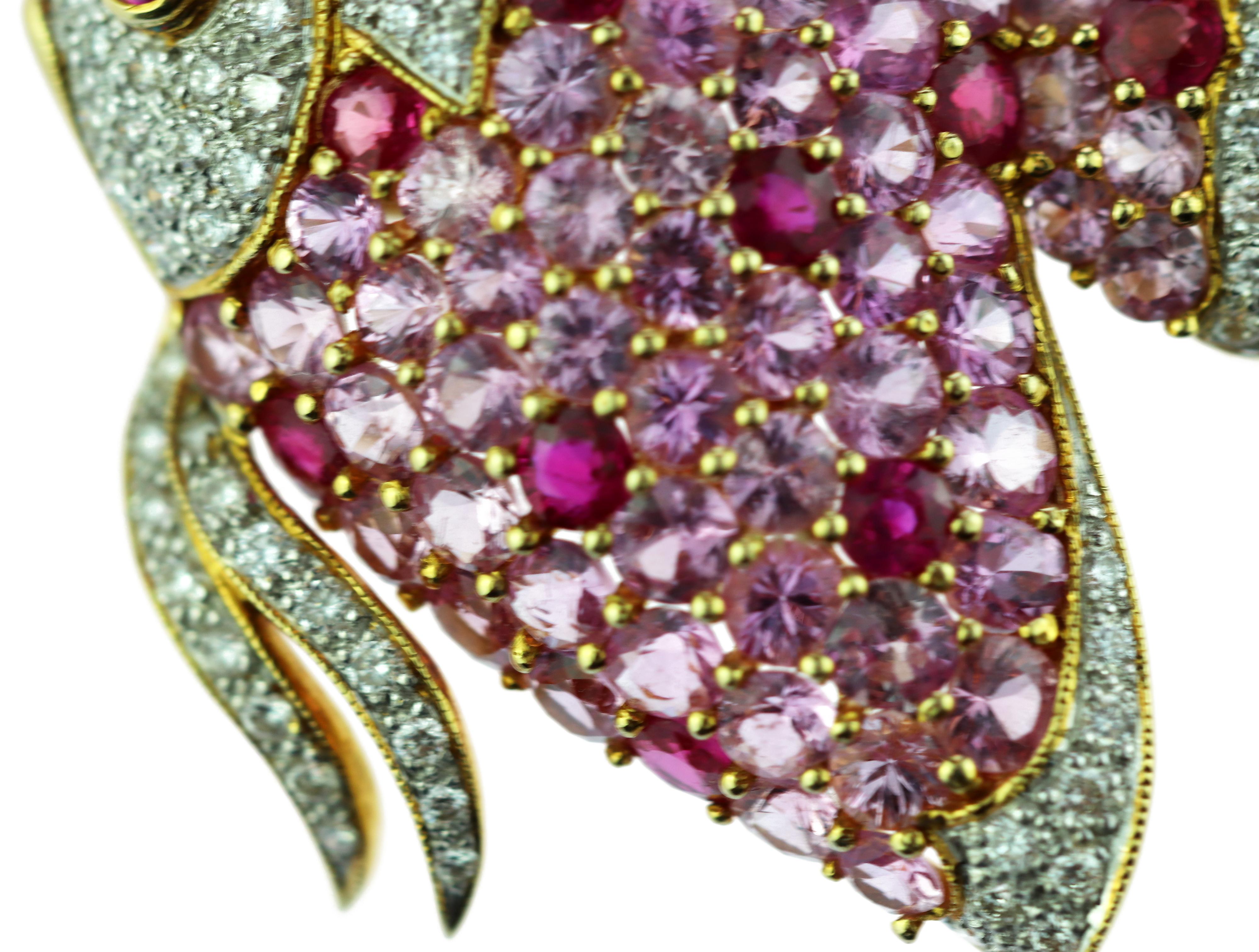 18 Karat Gold Pink Sapphire Diamond Ruby Pave Fish Pin Scarf Clip Piscis Brooch 2