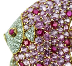 18 Karat Gold Pink Sapphire Diamond Ruby Pave Fish Pin Scarf Clip Piscis Brooch