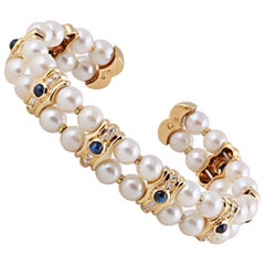 18 Karat Gold, Saltwater Pearls, Cabochon Sapphires and Diamonds Bangle Bracelet