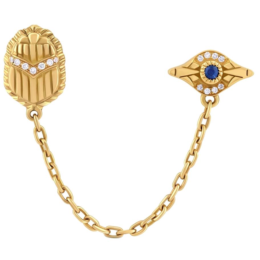 18 Karat Gold, Sapphire and Diamond Eye & Scarab Multi-Pierce Chain Stud Earring For Sale