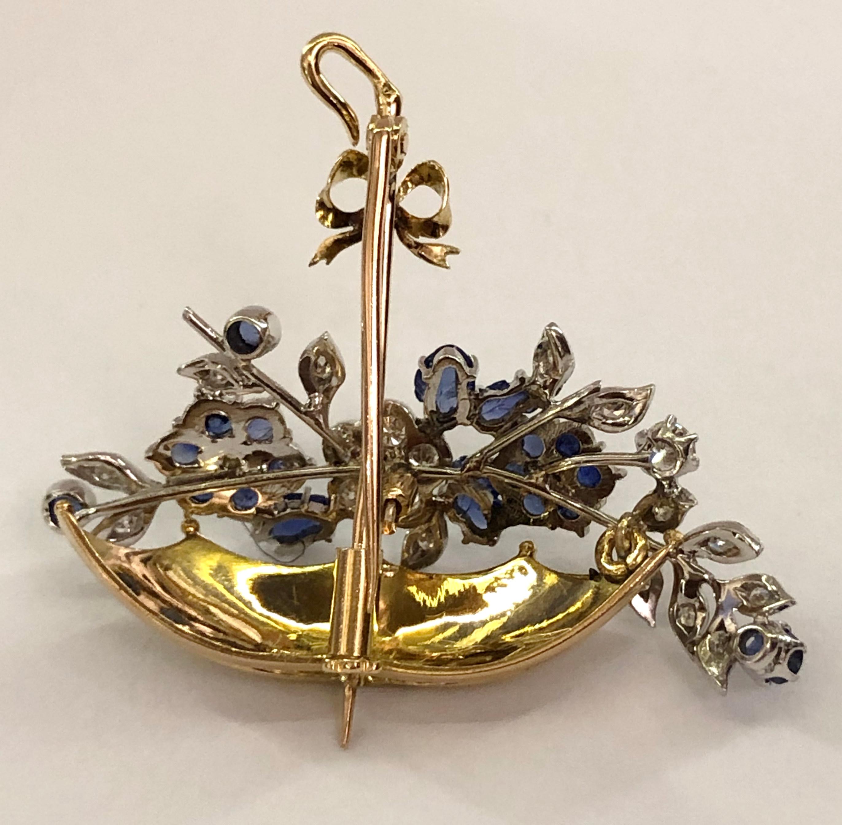 Regenschirmbrosche aus 18 Karat Gold mit Saphiren und Diamanten im Zustand „Gut“ im Angebot in Palm Springs, CA
