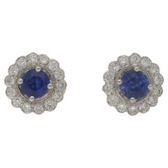 Sapphire Diamond Cluster Stud Earrings in 18 Karat Gold 