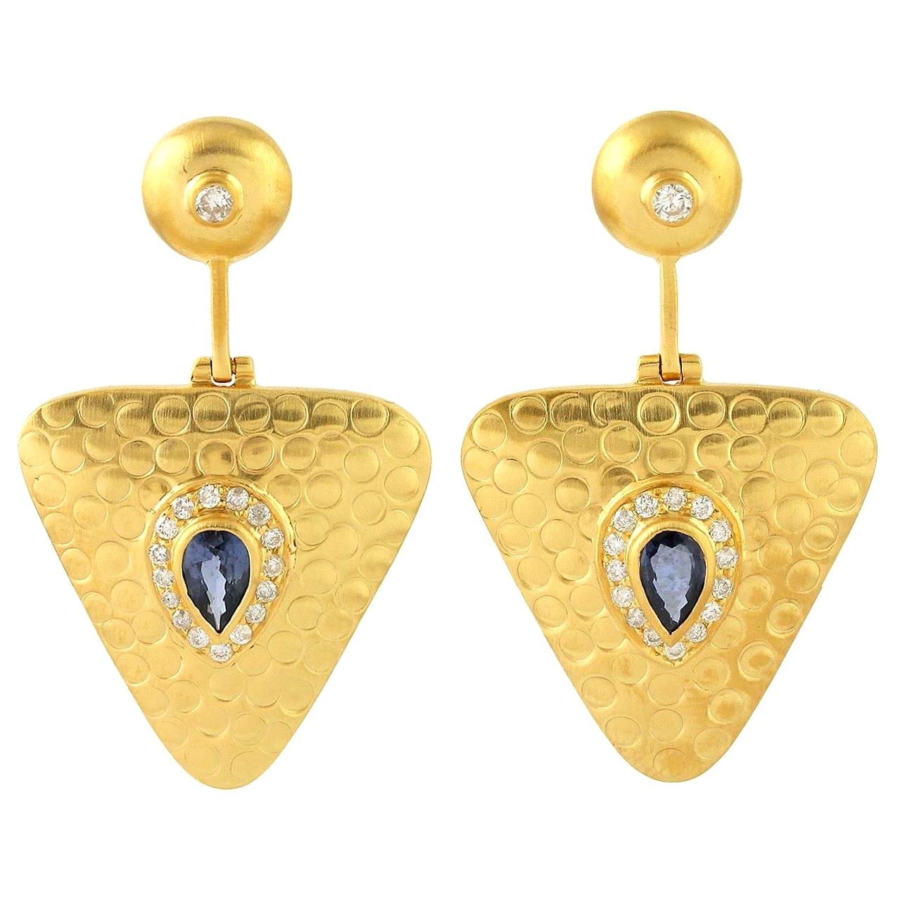18 Karat Gold Sapphire Diamond Earrings For Sale