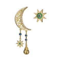 18 Karat Gold, Sapphire, Emerald and Diamond Mismatched Moon and Star Earrings