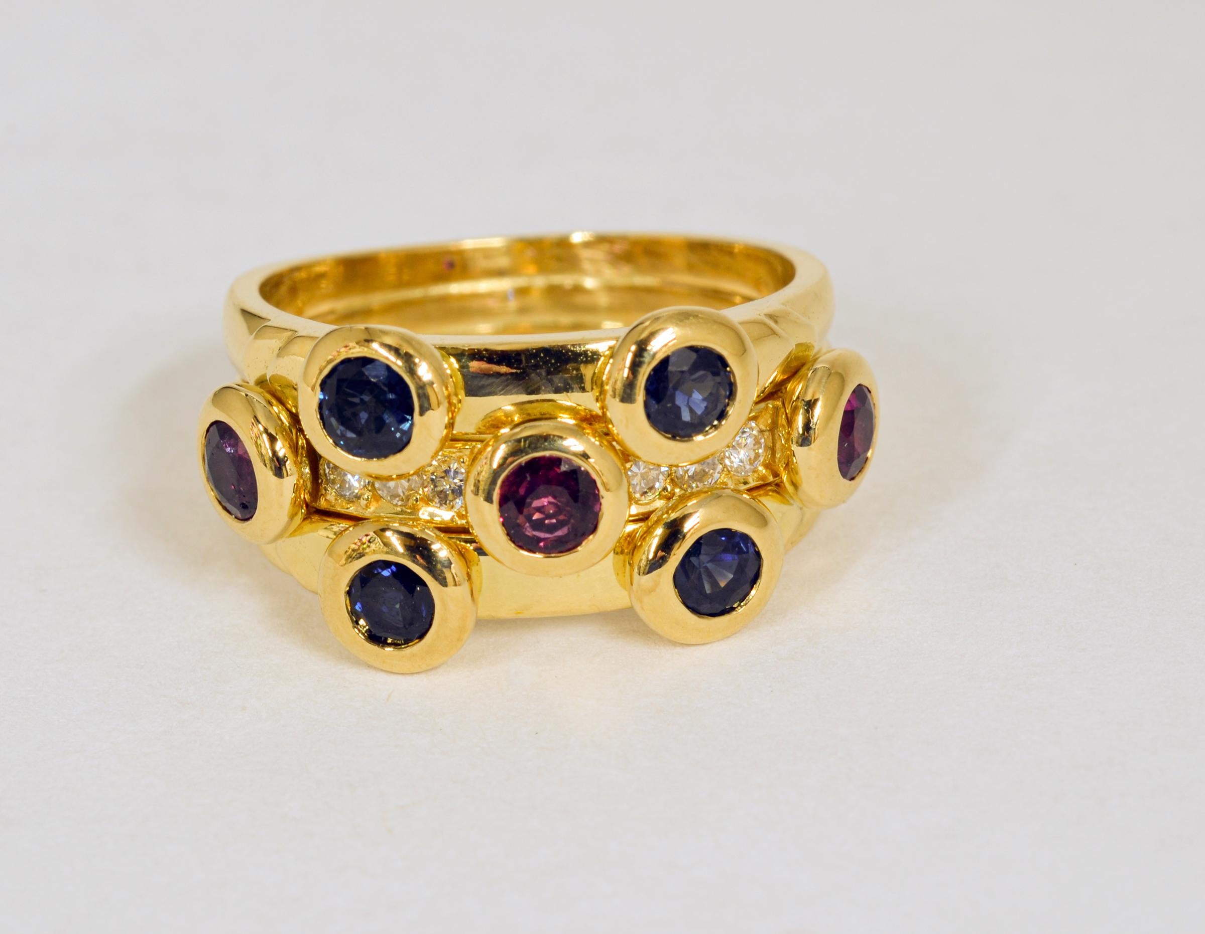 Artisan 18 Karat Gold Sapphire, Ruby and Diamond Ring For Sale