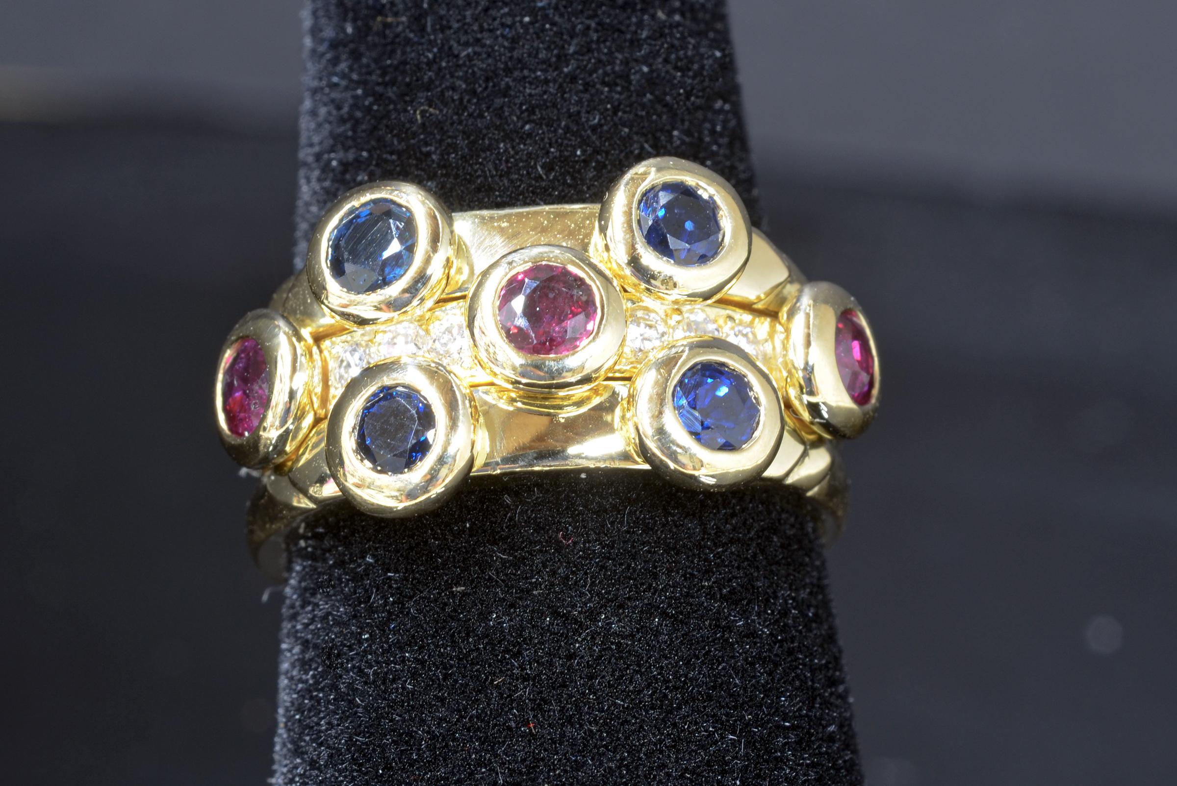 Round Cut 18 Karat Gold Sapphire, Ruby and Diamond Ring For Sale