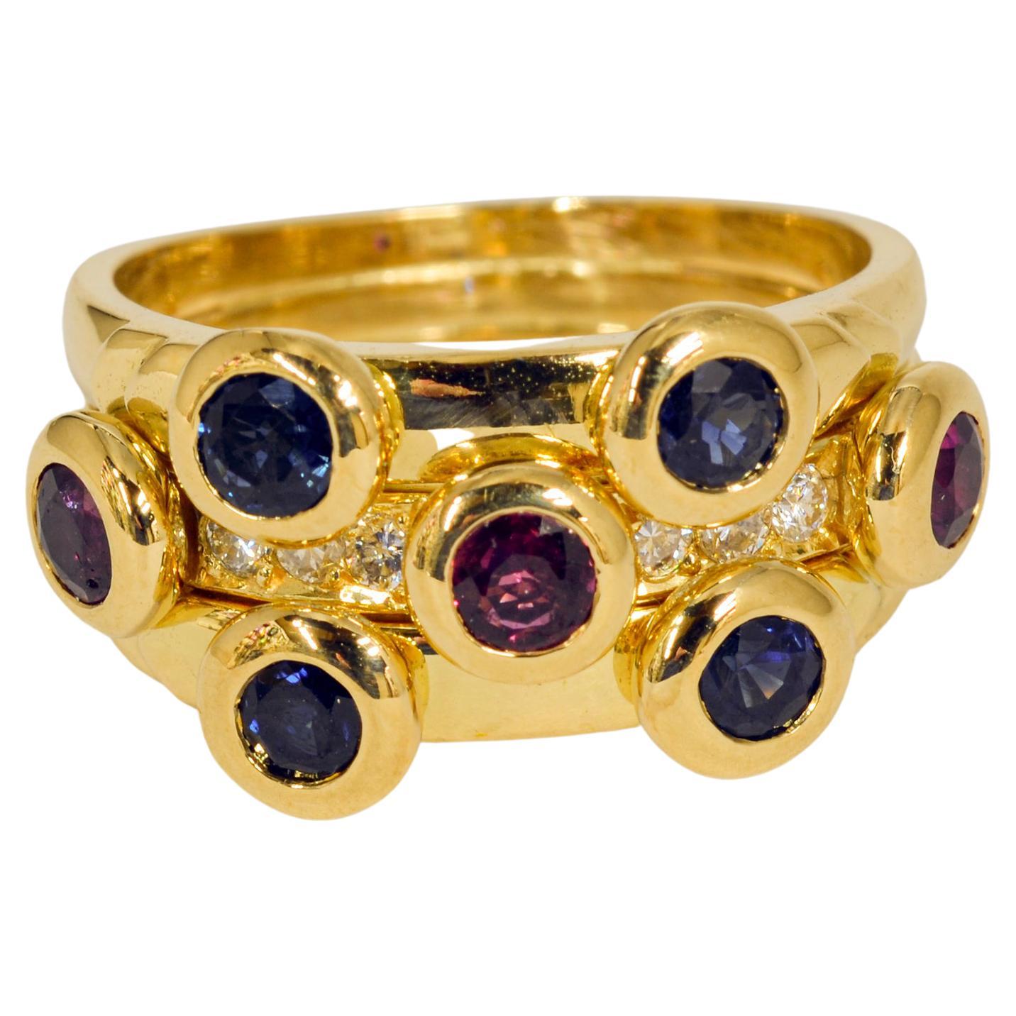 18 Karat Gold Sapphire, Ruby and Diamond Ring For Sale
