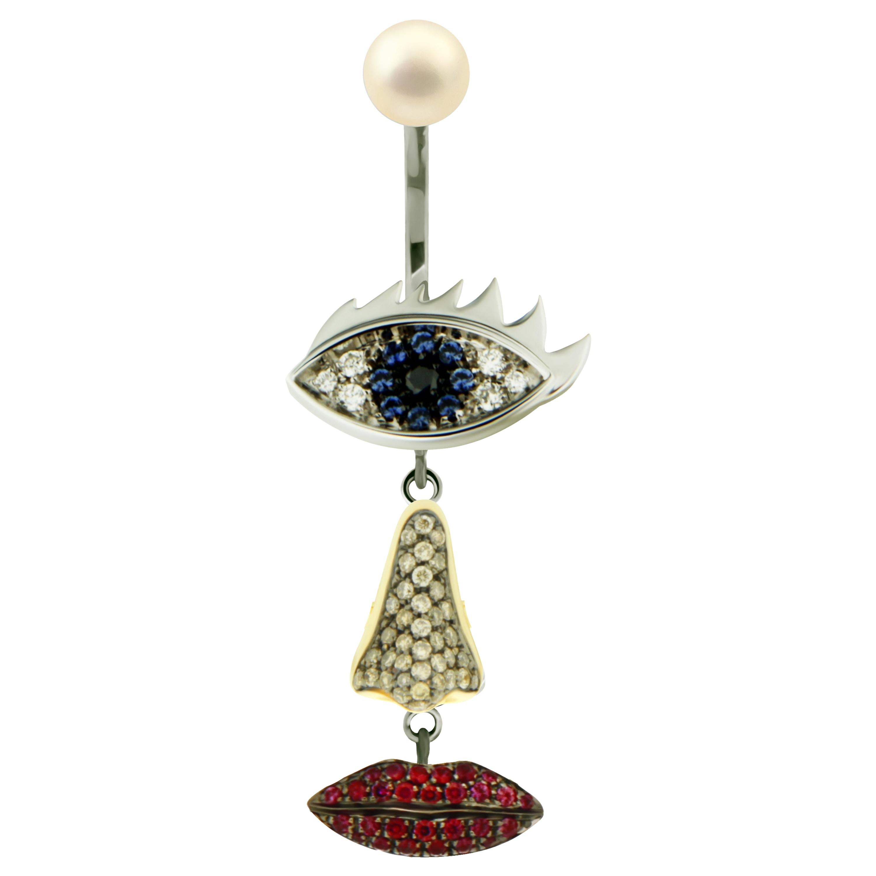 DELFINA DELETTREZ 18 Karat Gold Sapphire Ruby Diamond Drop Earring For Sale
