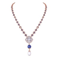 Sapphire Tanzanite Pearl White Diamond 18k Rose Gold Chain Necklace