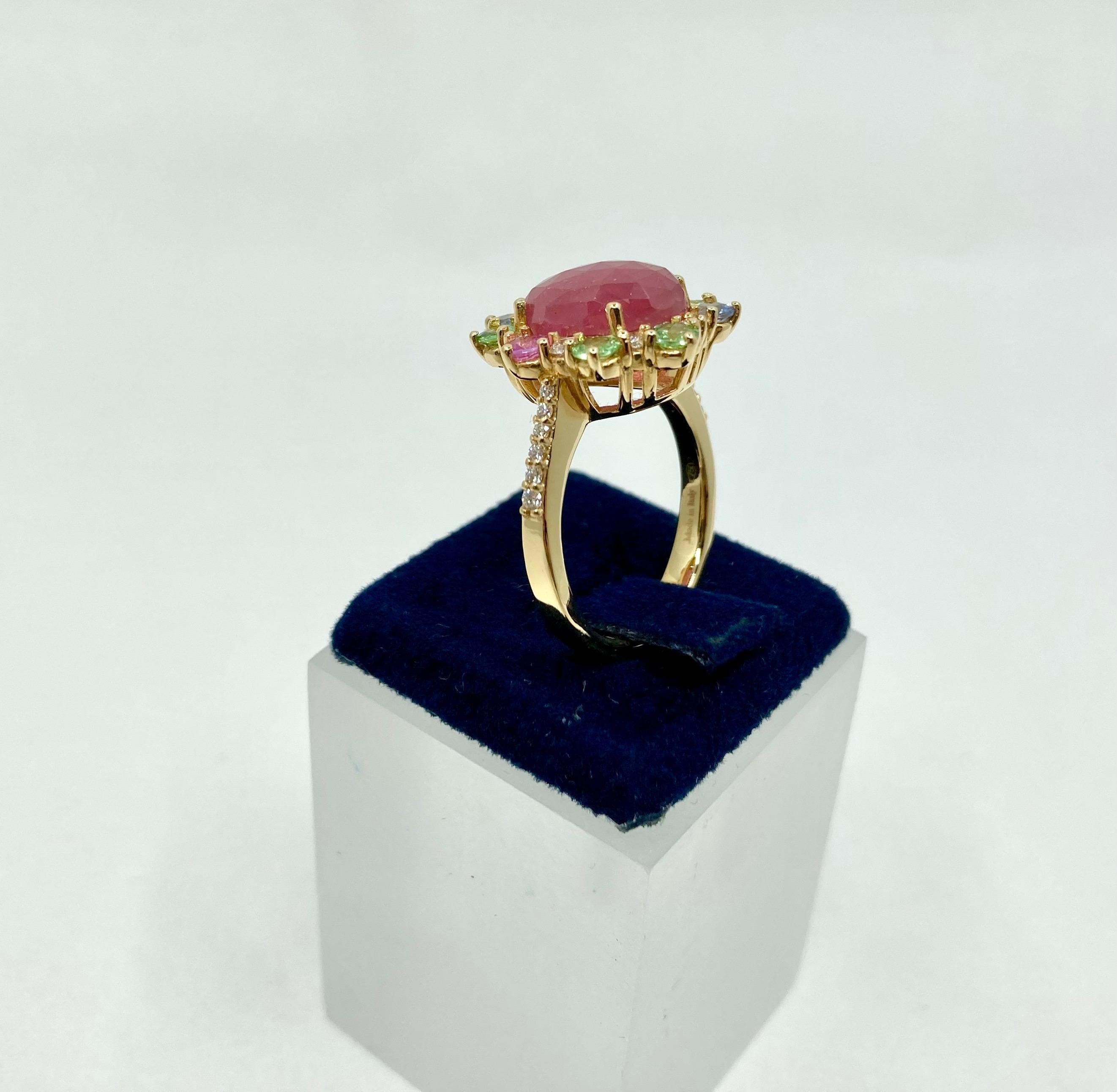 18 Karat Gold Sapphires, Tsavorite and Diamonds Italian Ring For Sale 2