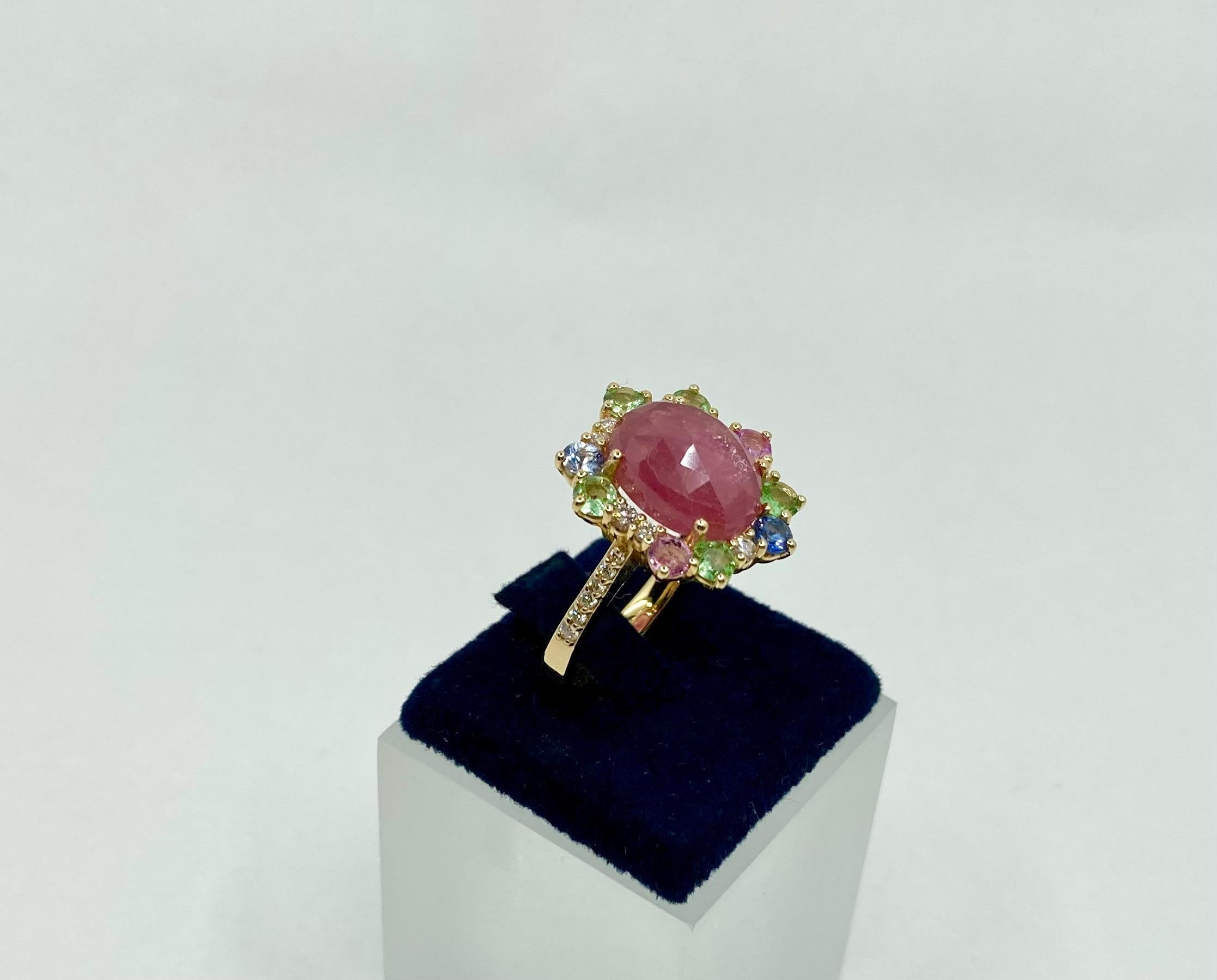 18 Karat Gold Sapphires, Tsavorite and Diamonds Italian Ring For Sale 3