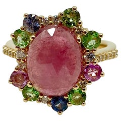 18 Karat Gold Sapphires, Tsavorite and Diamonds Italian Ring