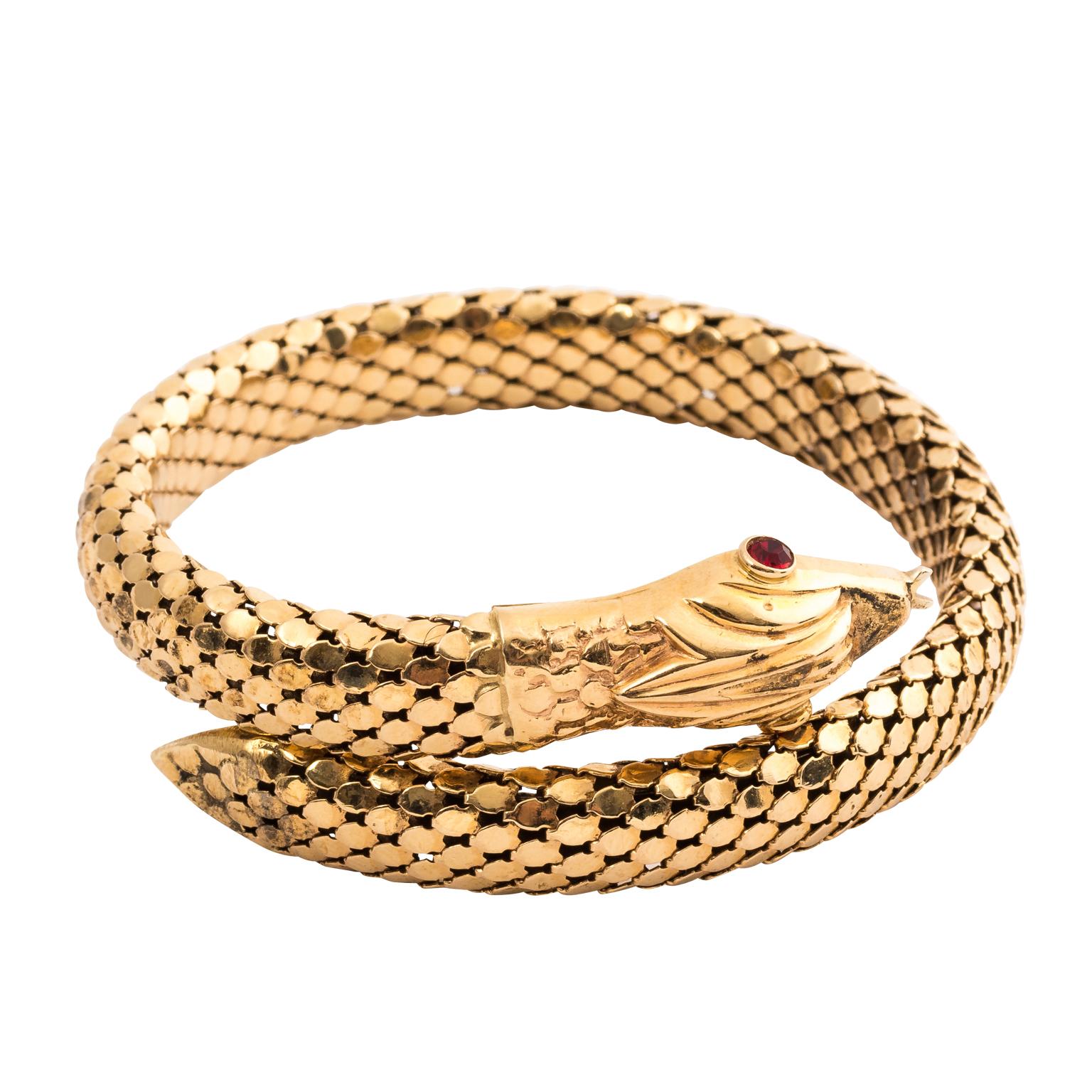 18 Karat Gold Serpent Bracelet with Ruby Eyes