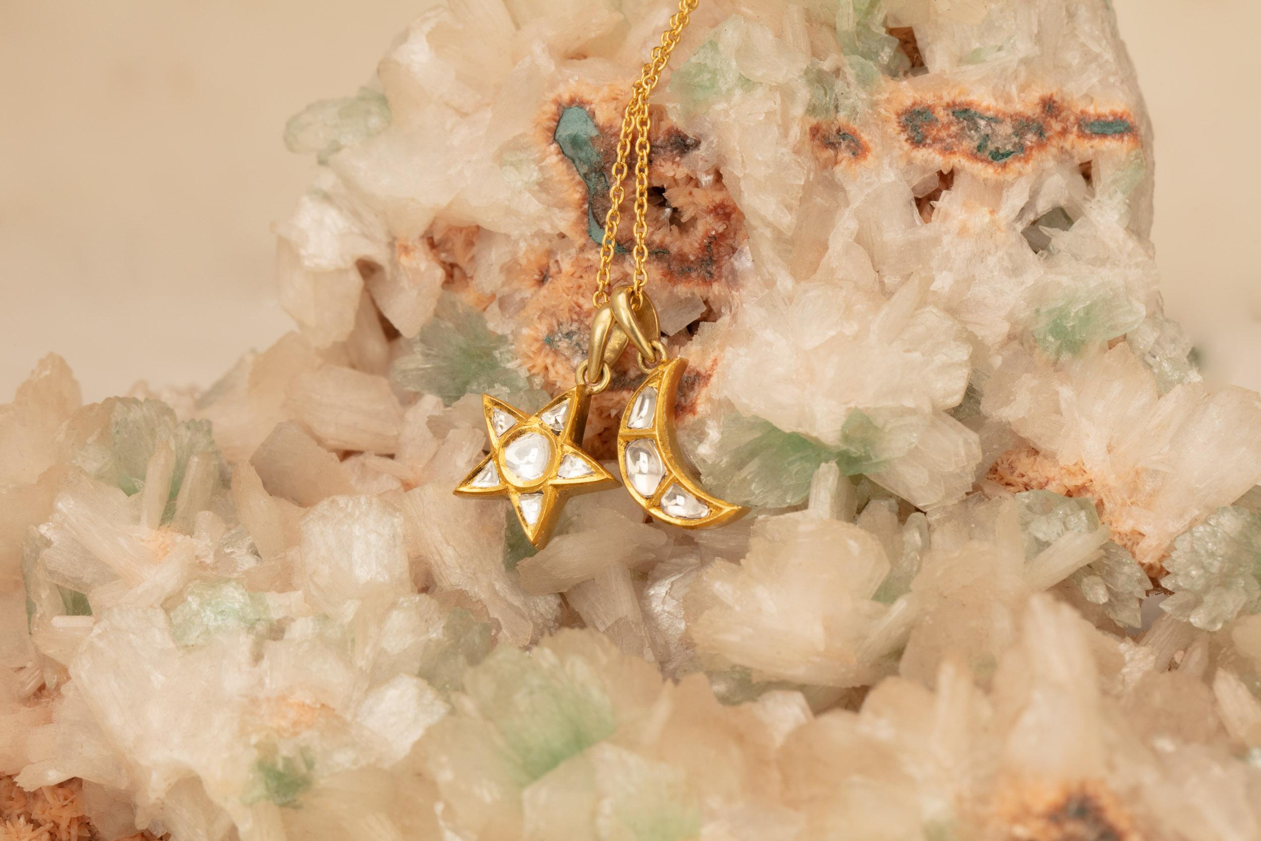 Rough Cut 18 Karat Gold Set Polki Diamond Star & Moon Pendants on 18 Karat Gold Chain For Sale
