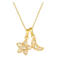 18 Karat Gold Set Polki Diamond Star & Moon Pendants on 18 Karat Gold Chain