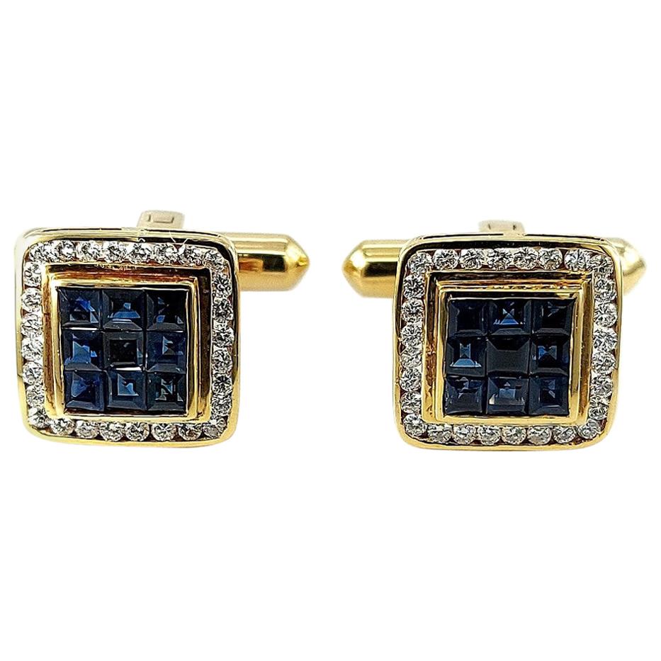 18kt Gold Set with 0.60ct Diamonds, Invisible Set Sapphires Cufflinks For Sale