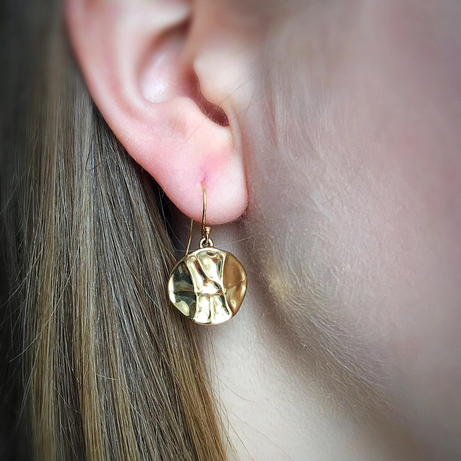 Handmade delicate kinetic gold drop earrings in solid 18 karat gold.  Also available in silver.