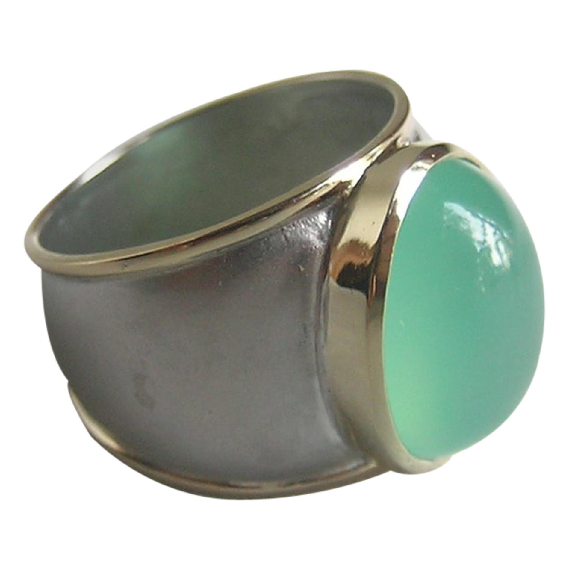 18 Karat Gold, Silver and Chrysoprase Ring For Sale