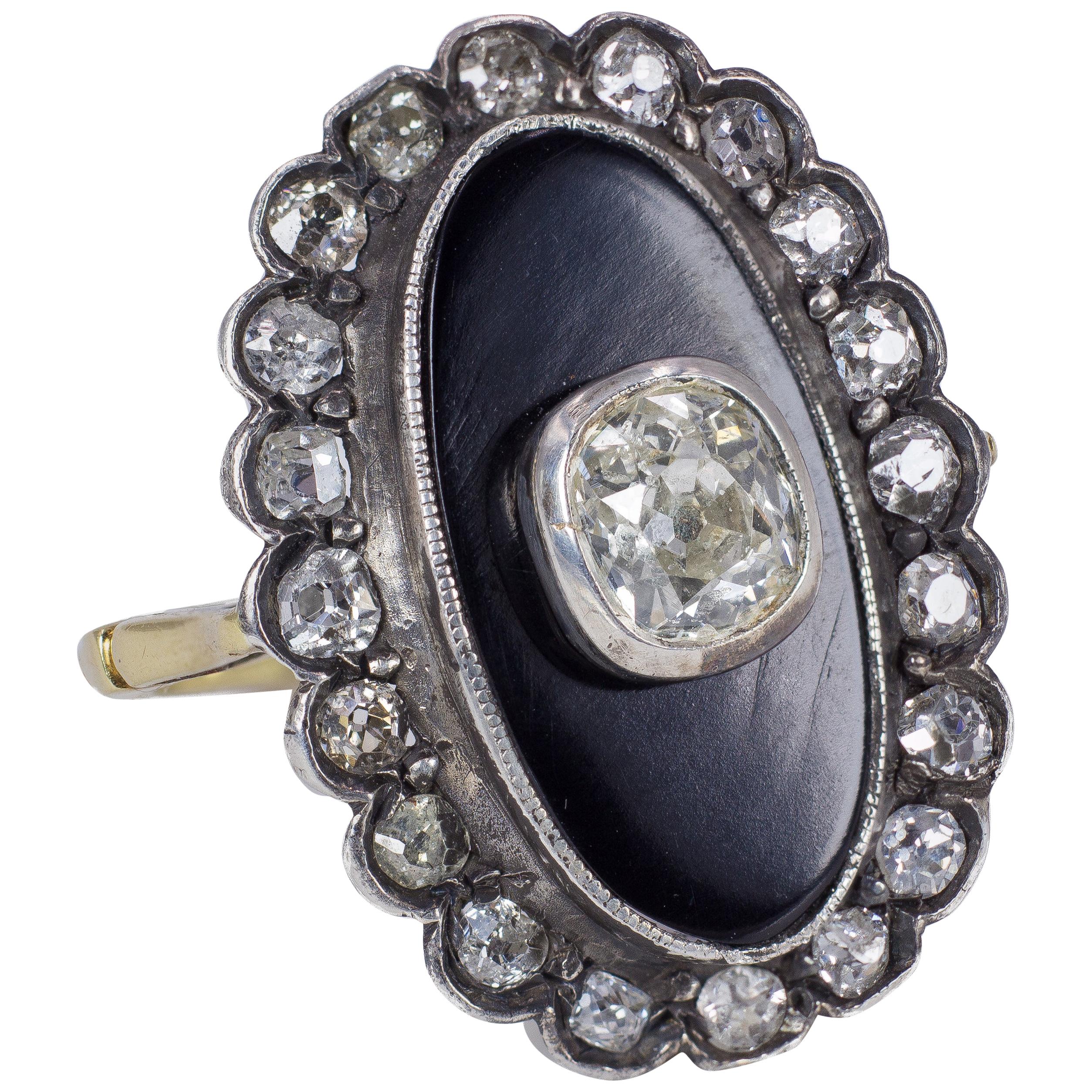 18 Karat Gold, Silver, Onyx and 0.65 Carat Diamond Ring, Early 20th Century For Sale