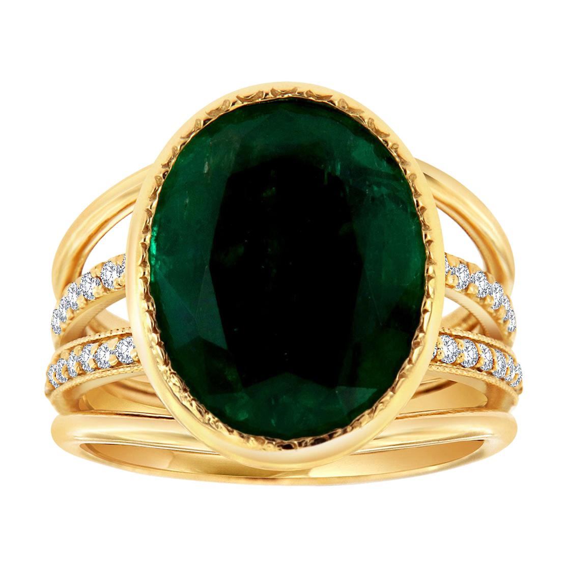 Bague en or jaune 18 carats avec diamants et émeraude verte ovale de 9,15 carats certifiée GIA 
