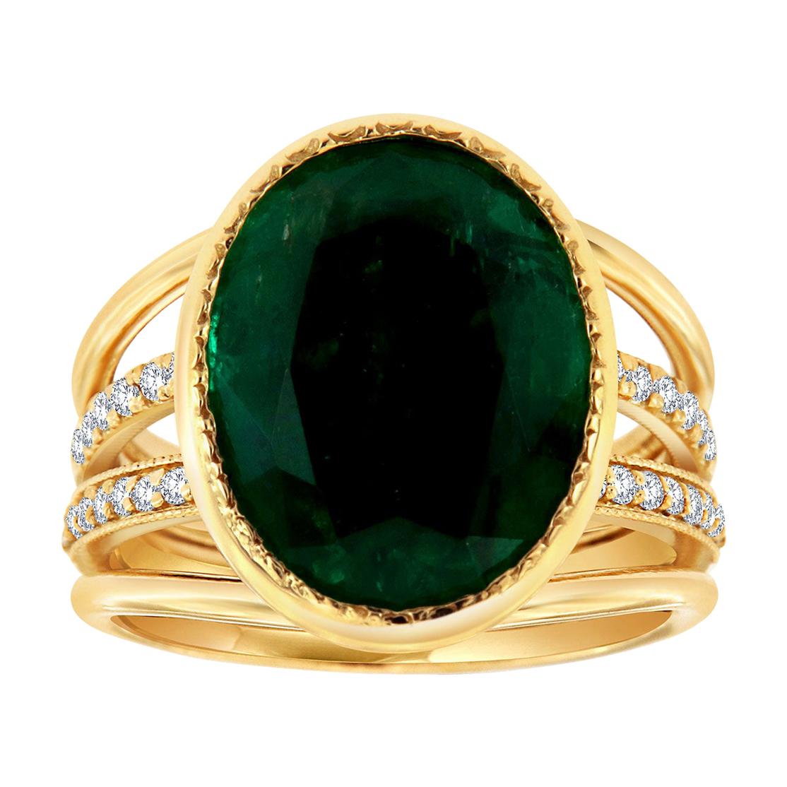 GIA Certified 9.15 Carat Oval Green Emerald 18K Yellow Gold Diamond Ring
