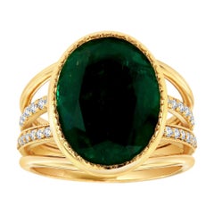 Bague en or jaune 18 carats avec diamants et émeraude verte ovale de 9,15 carats certifiée GIA 