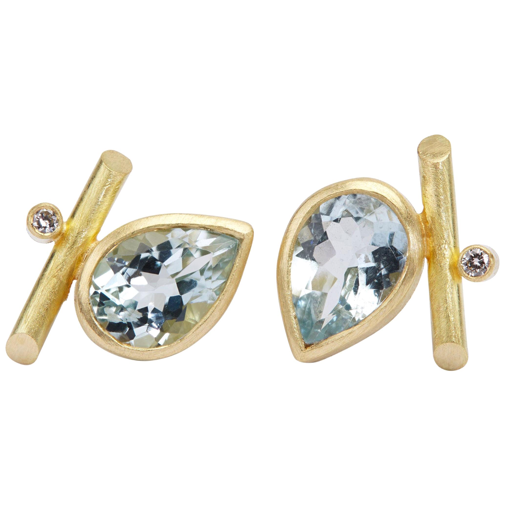 18 Karat Gold, Sky Blue Topaz, Diamonds Angle Studs Pierced Earrings