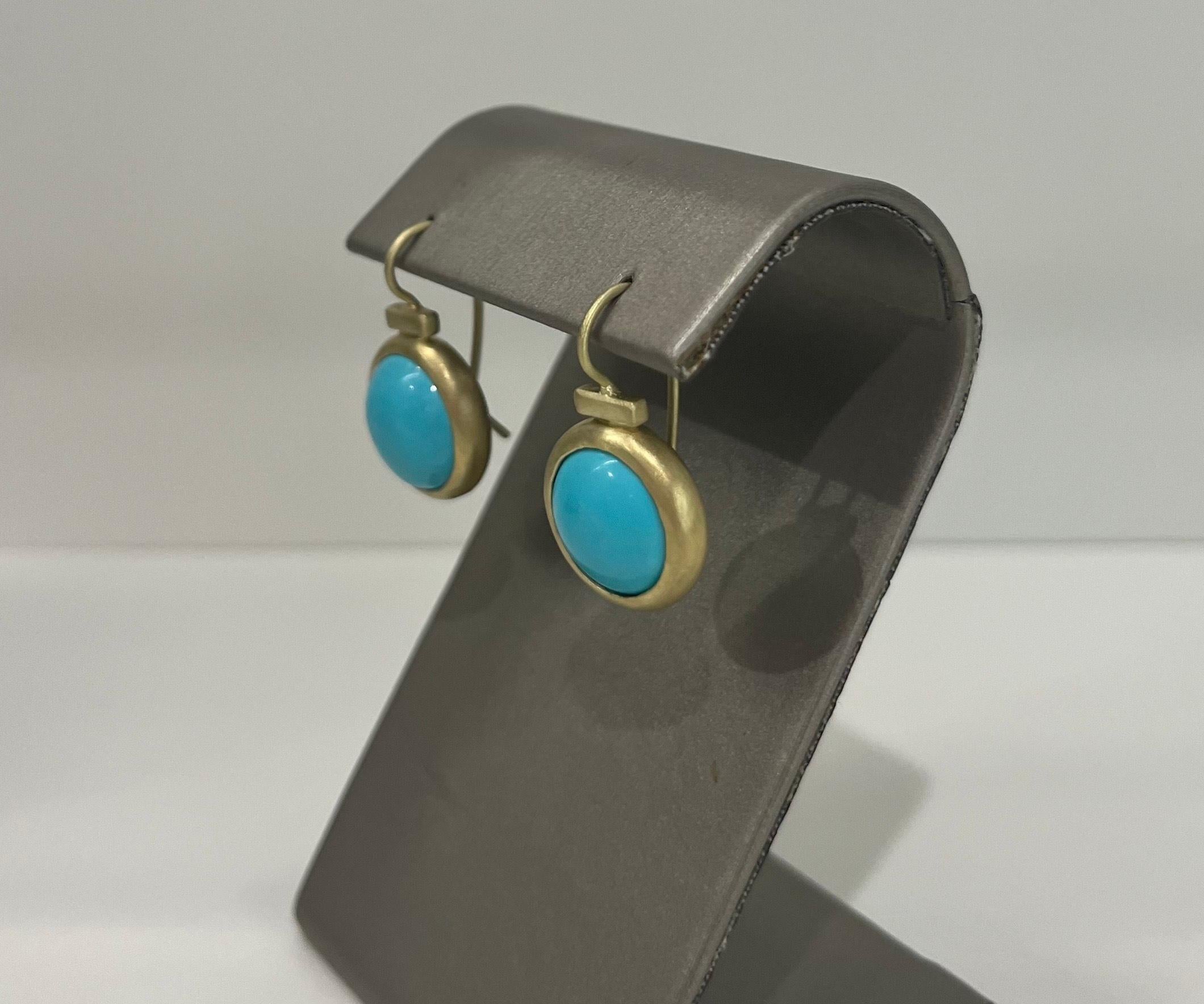 Contemporary 18 Karat Gold Sleeping Beauty Turquoise Bezel Earrings with Gold Bar For Sale