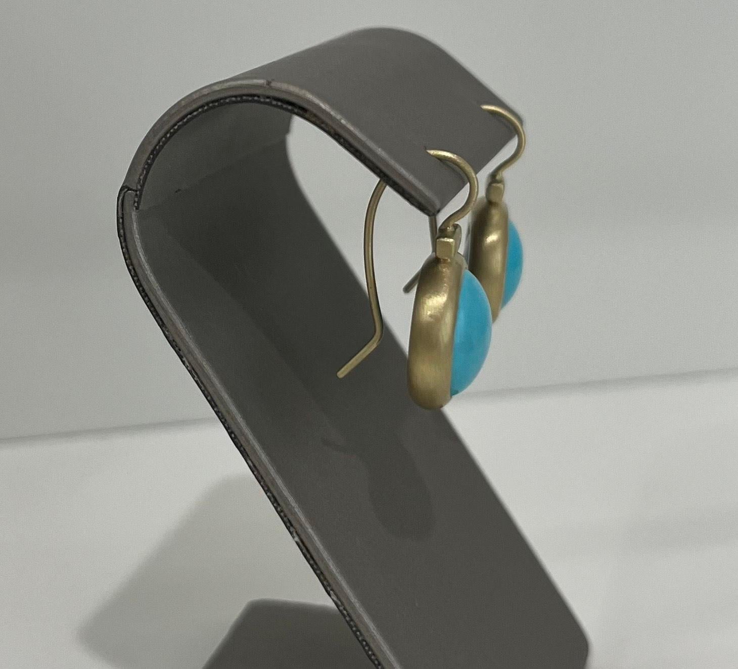 Cabochon 18 Karat Gold Sleeping Beauty Turquoise Bezel Earrings with Gold Bar For Sale