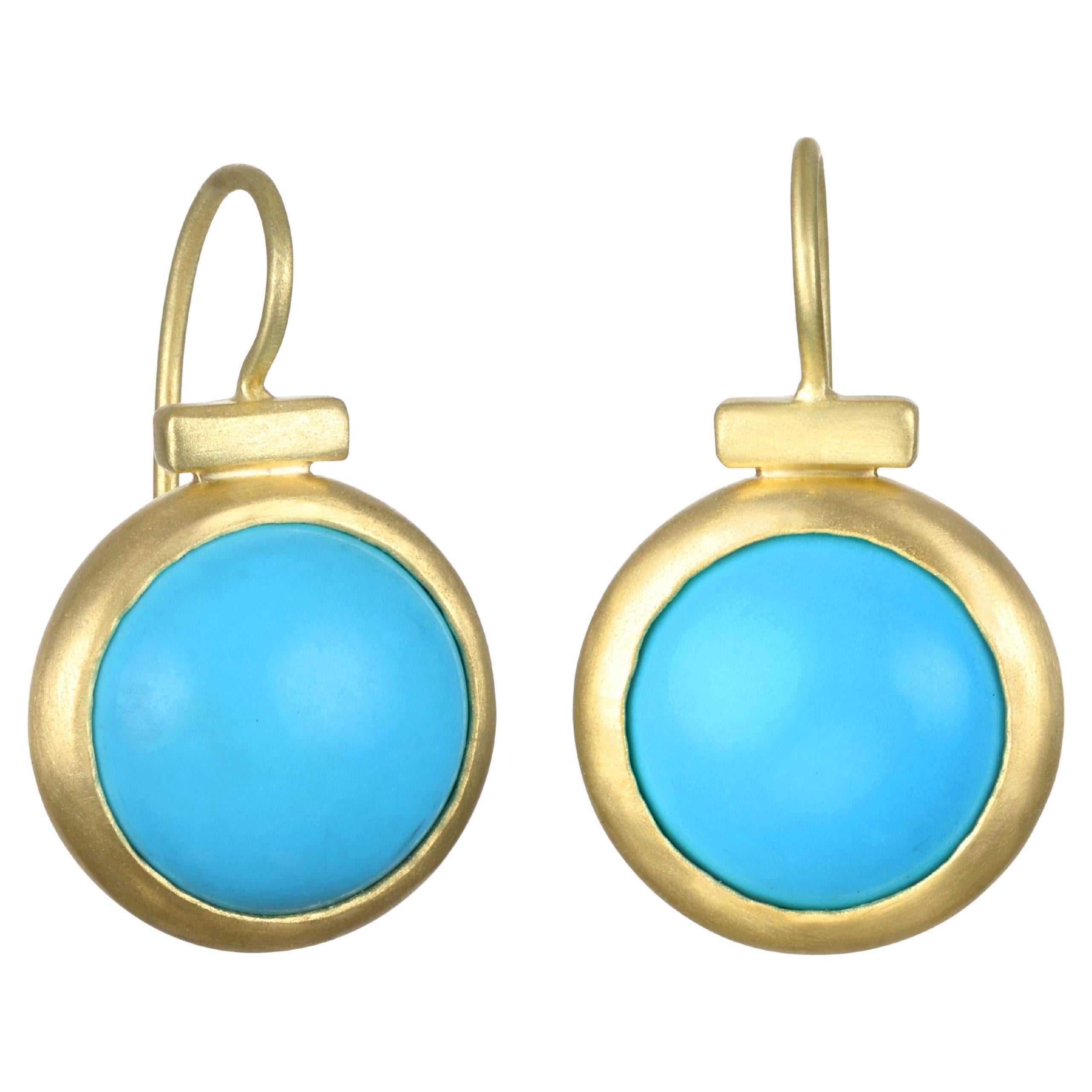 18 Karat Gold Sleeping Beauty Turquoise Bezel Earrings with Gold Bar For Sale
