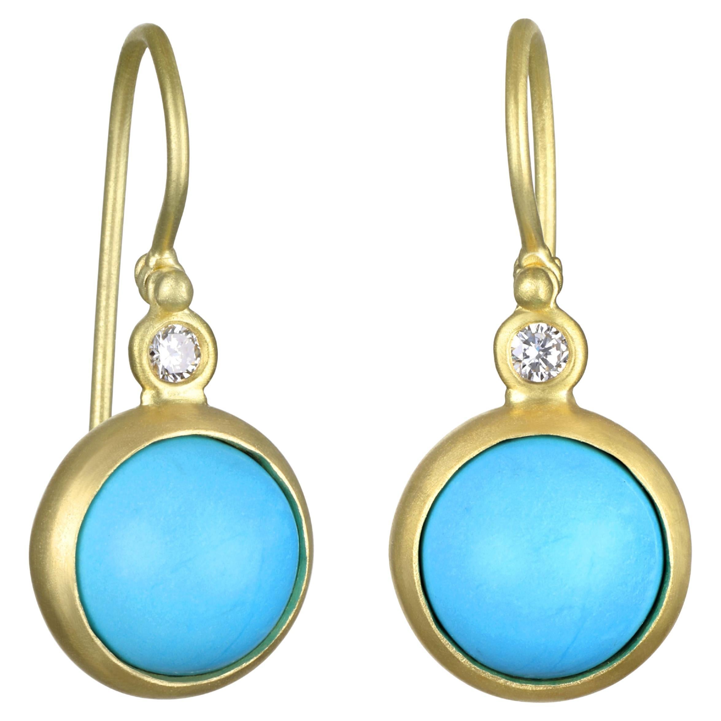 18 Karat Gold Sleeping Beauty Turquoise Diamond Hinge Earrings For Sale