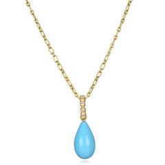 18 Karat Gold Sleeping Beauty Turquoise Briolette Pendant with Diamond Bail