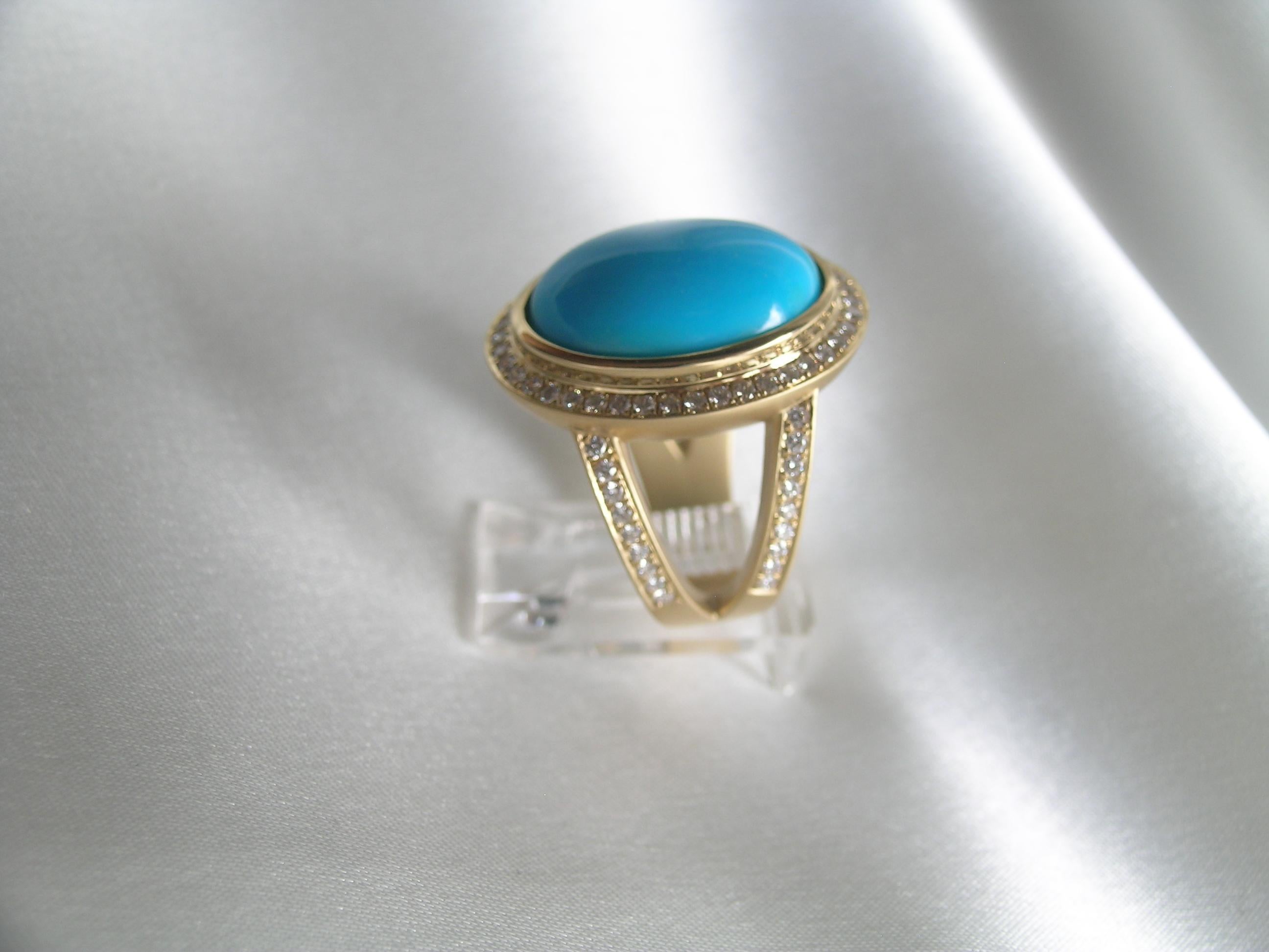 Modern 18 Karat Gold, Sleeping Beauty Turquoise and Diamond Cocktail Ring For Sale