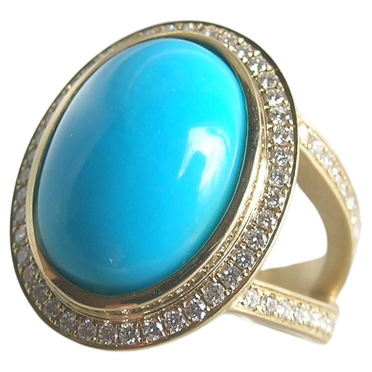 18 Karat Gold, Sleeping Beauty Turquoise and Diamond Cocktail Ring For Sale