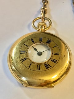 18 Karat Gold Small Half Hunter Pocket Watch and Mini Compass with Enamel