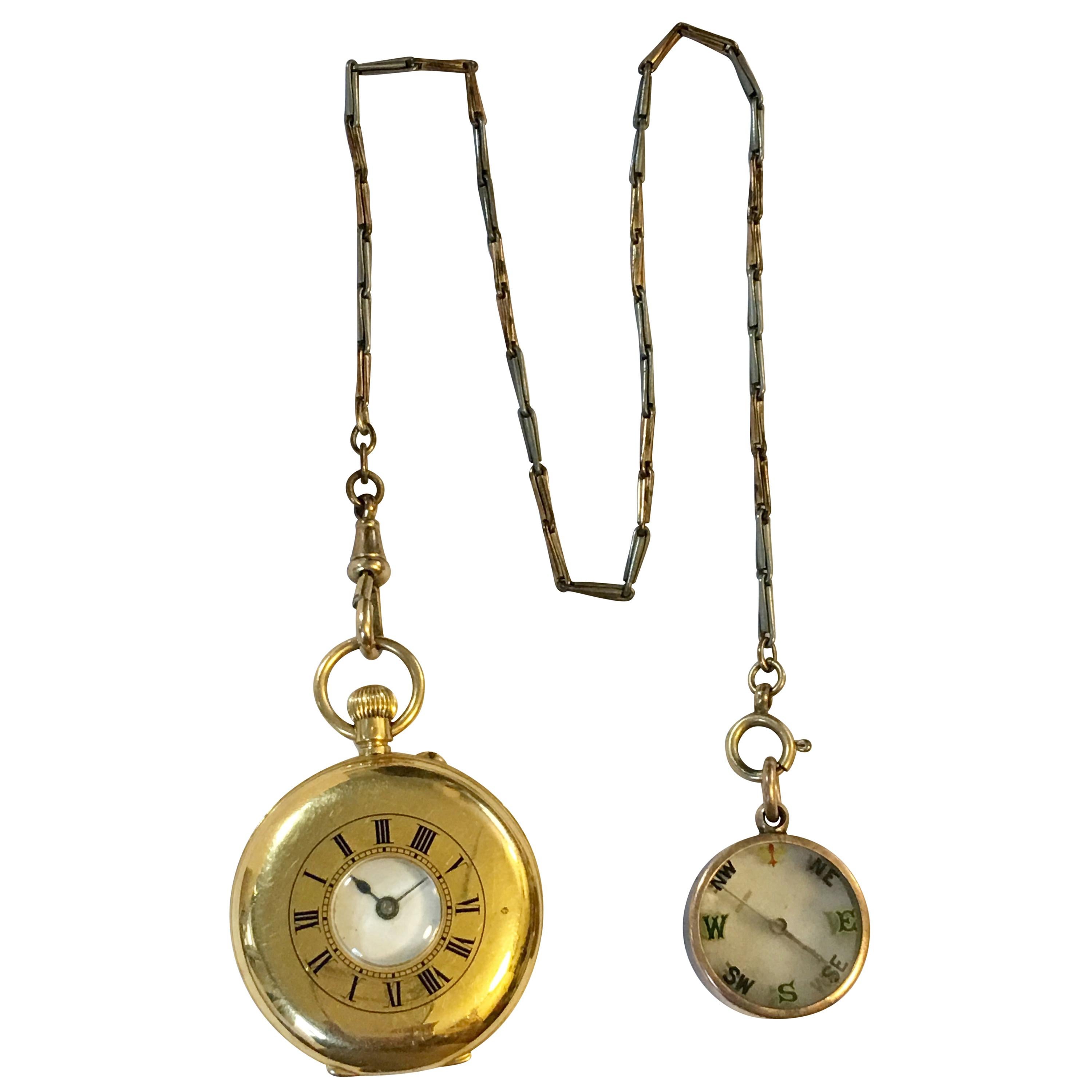 18 Karat Gold Small Half Hunter Pocket Watch and Mini Compass with Enamel