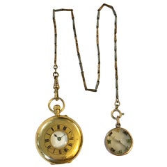 Antique 18 Karat Gold Small Half Hunter Pocket Watch and Mini Compass with Enamel