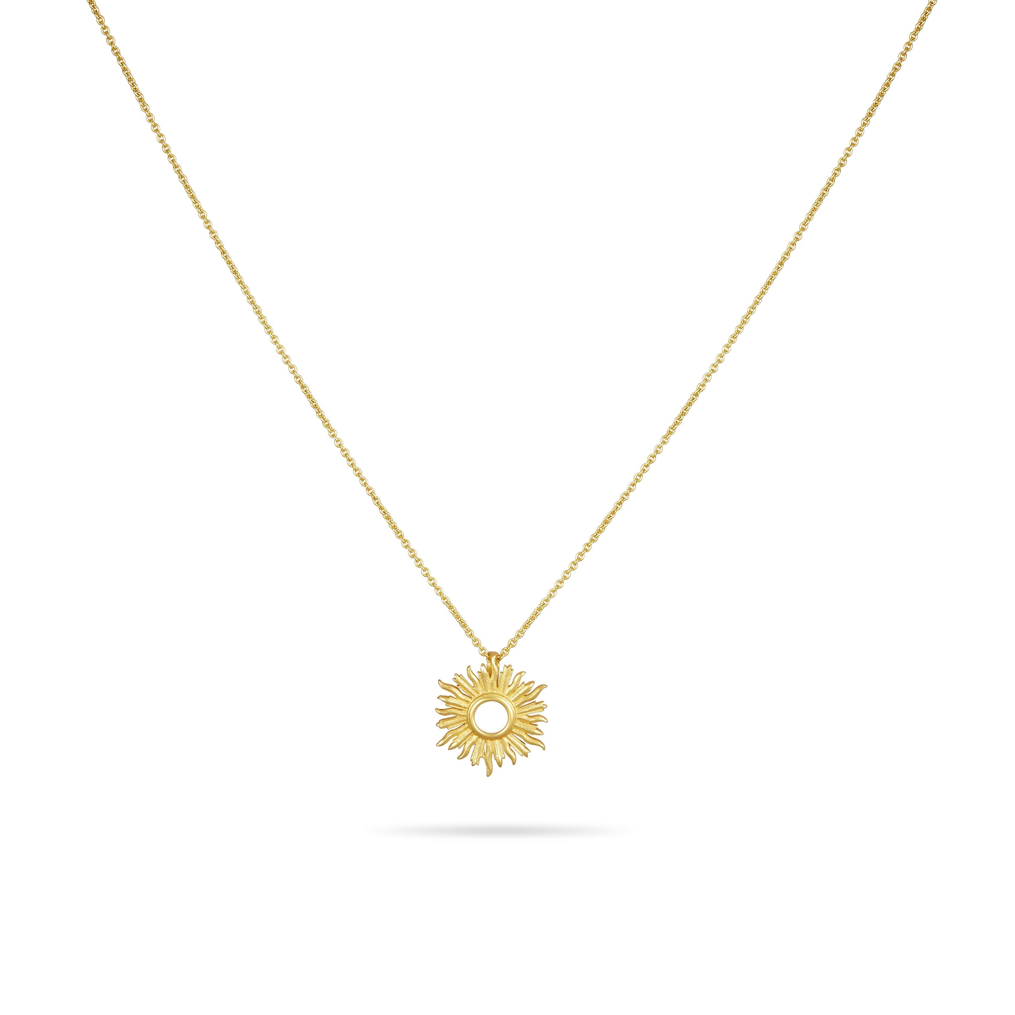 Women's 18 Karat Gold Small Sunburst Pendant Hanging on a 18 Karat Gold Chain For Sale