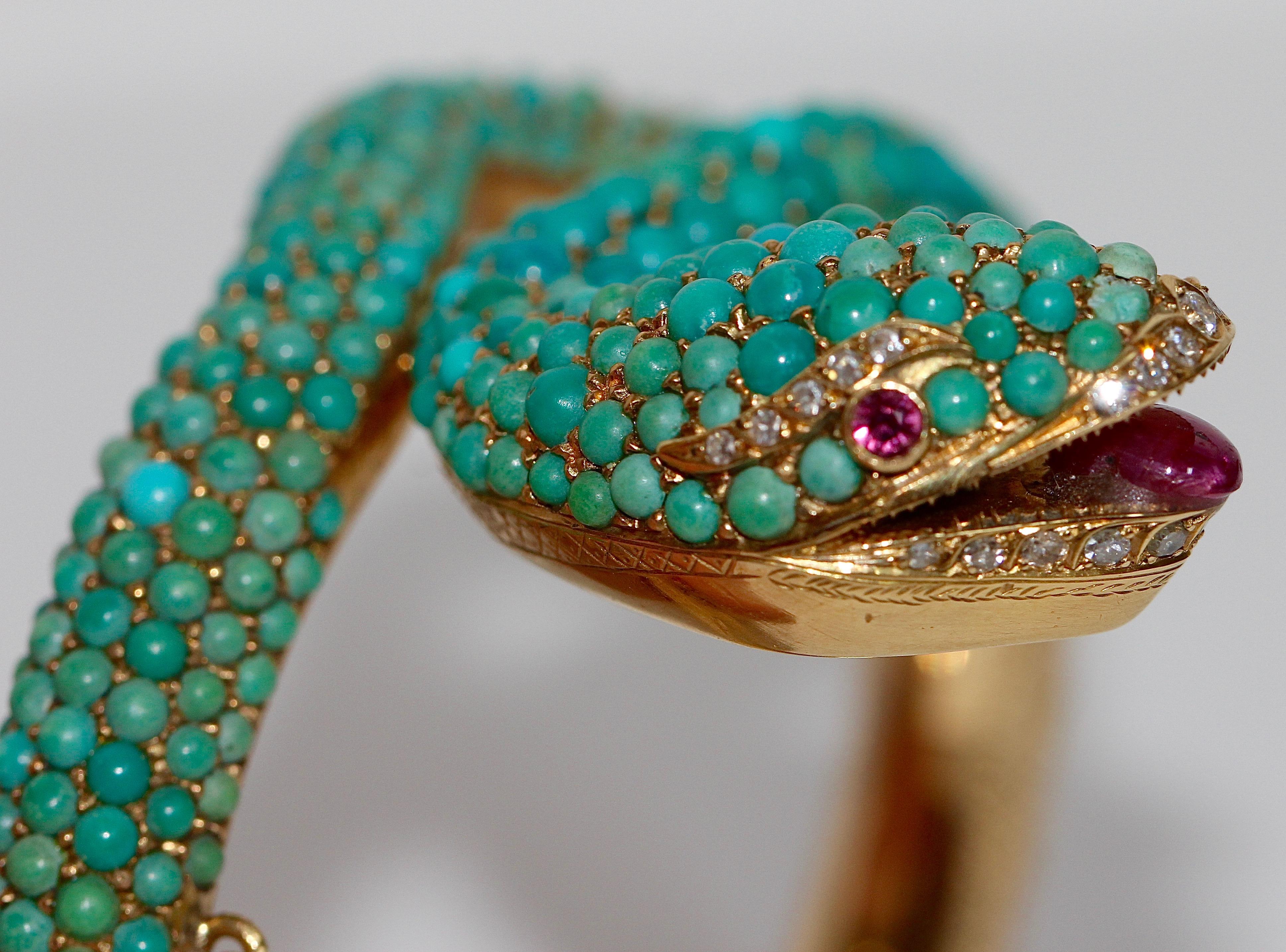 18 Karat Gold Snake Bracelet Bangle Set with Turquoise, Diamonds and Rubies For Sale 3