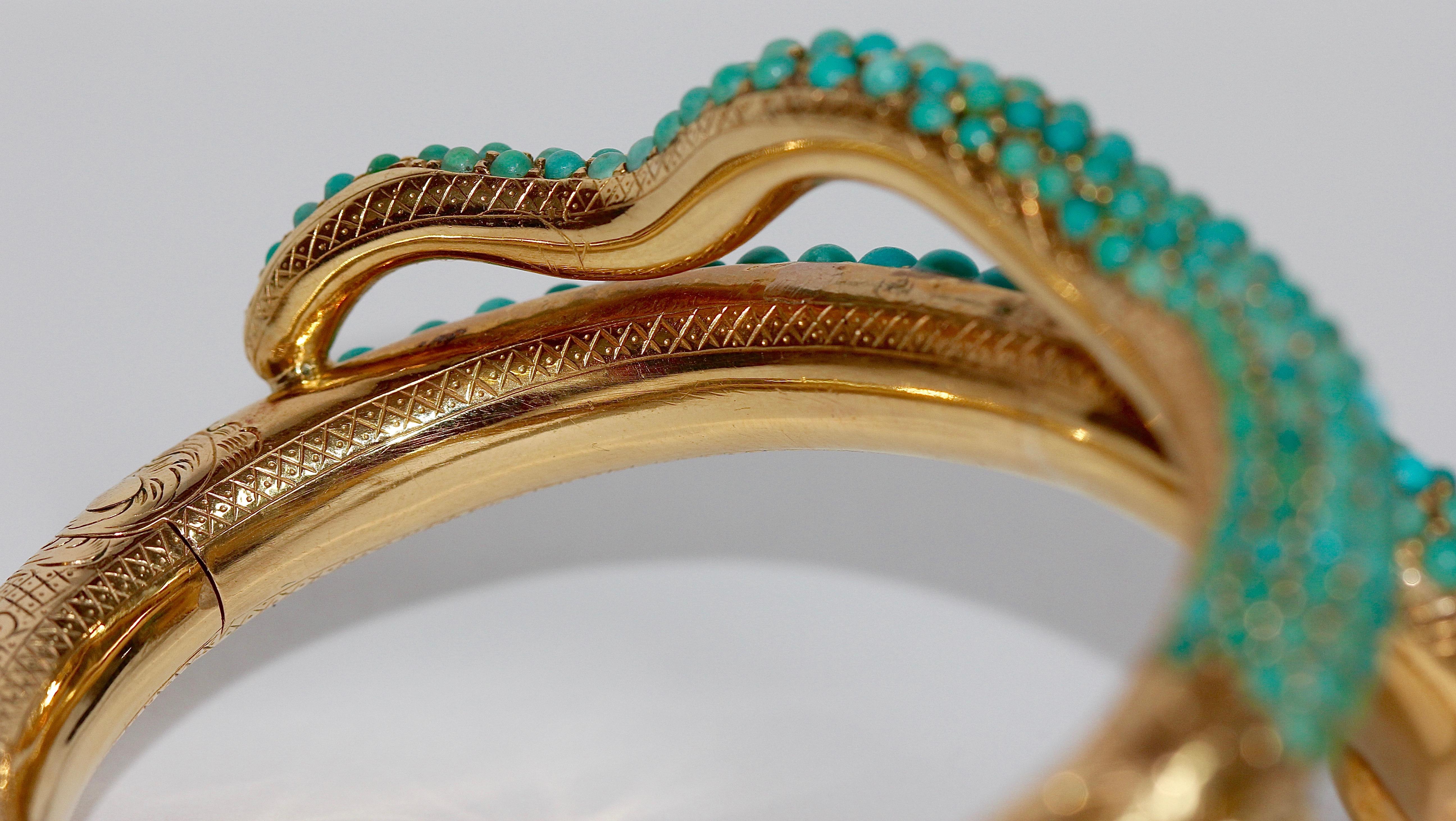 18 Karat Gold Snake Bracelet Bangle Set with Turquoise, Diamonds and Rubies For Sale 4