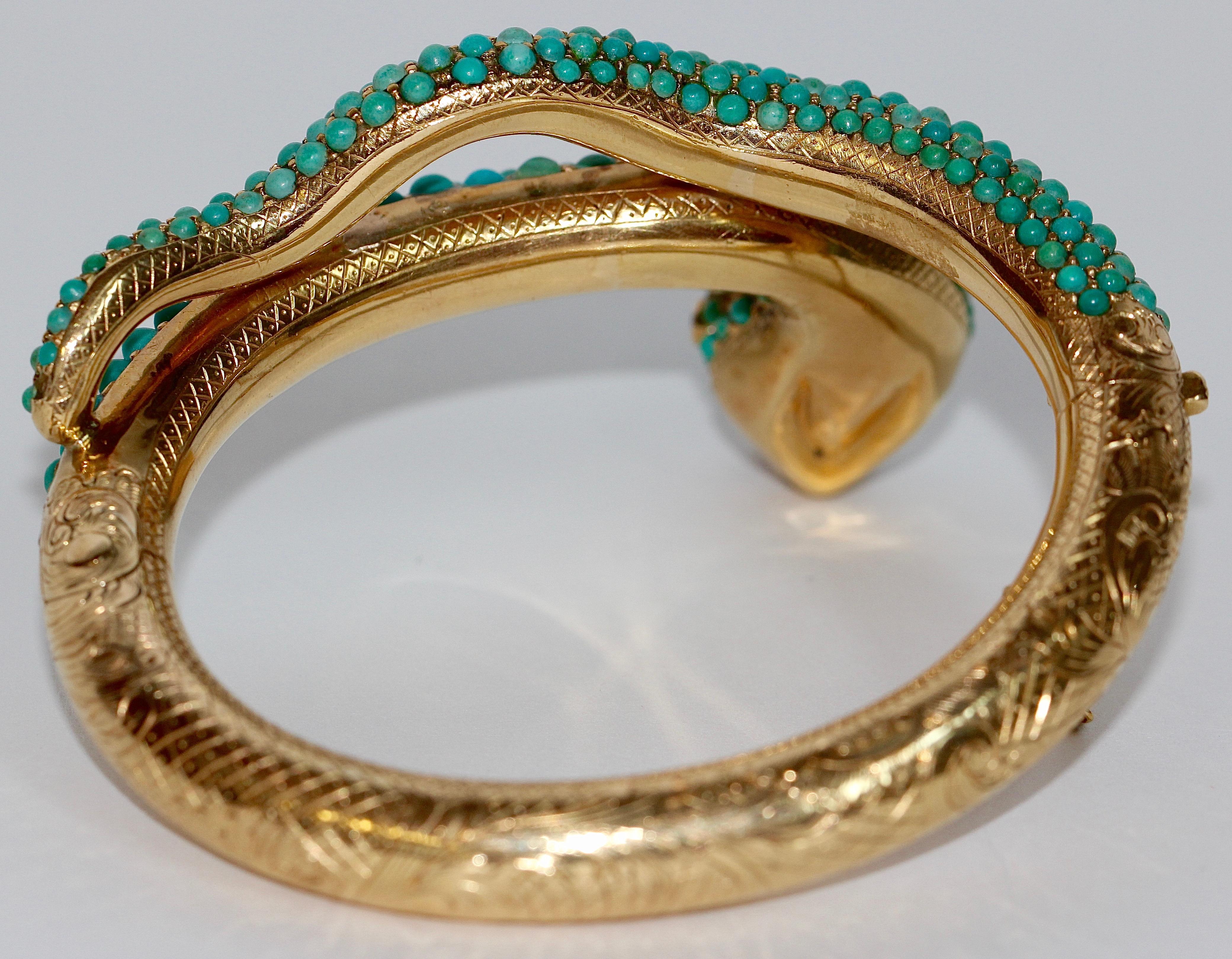 18 Karat Gold Snake Bracelet Bangle Set with Turquoise, Diamonds and Rubies For Sale 5
