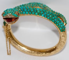 18 Karat Gold Snake Bracelet Bangle Set with Turquoise, Diamonds and Rubies