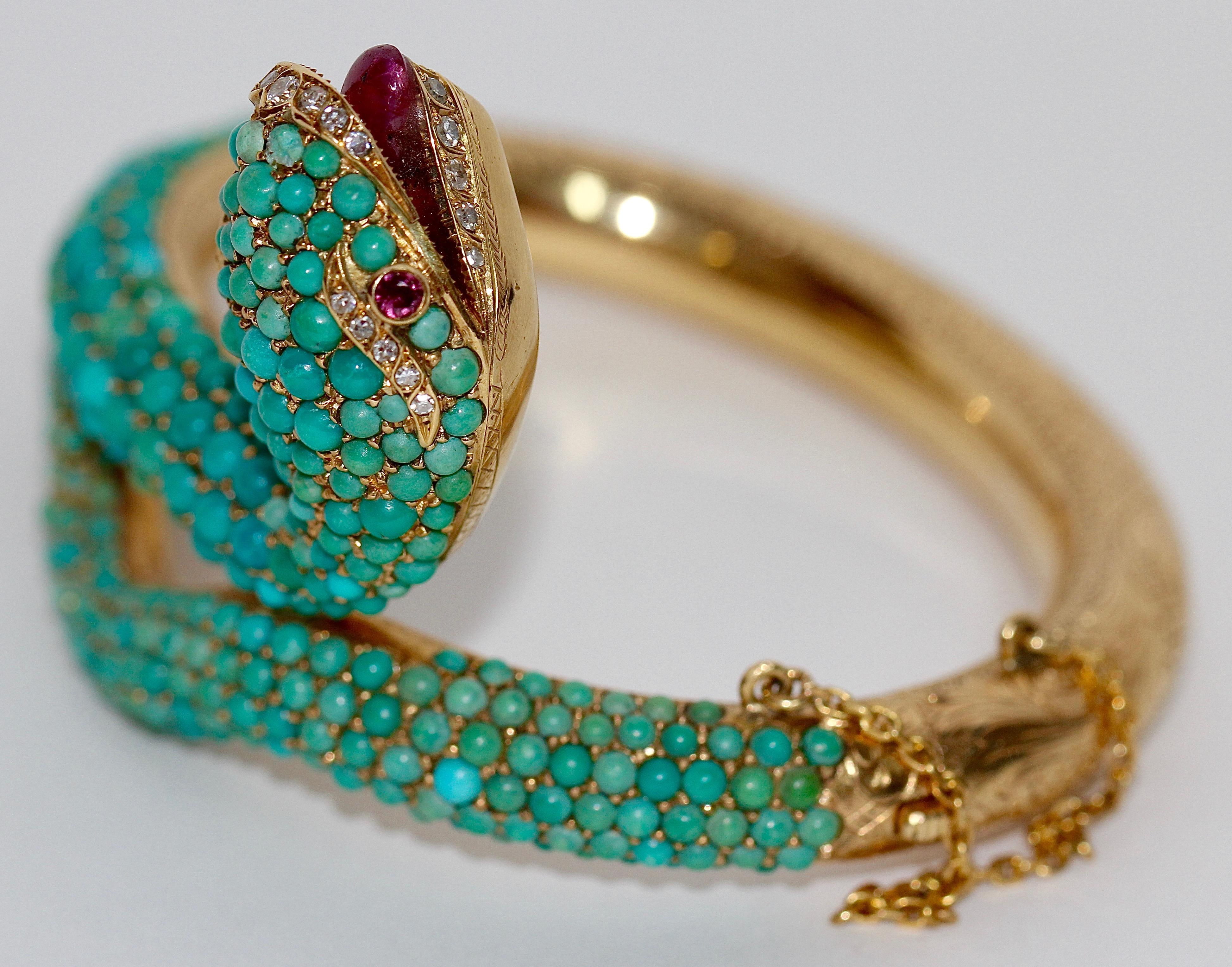 18 Karat Gold Snake Bracelet Bangle Set with Turquoise, Diamonds and ...