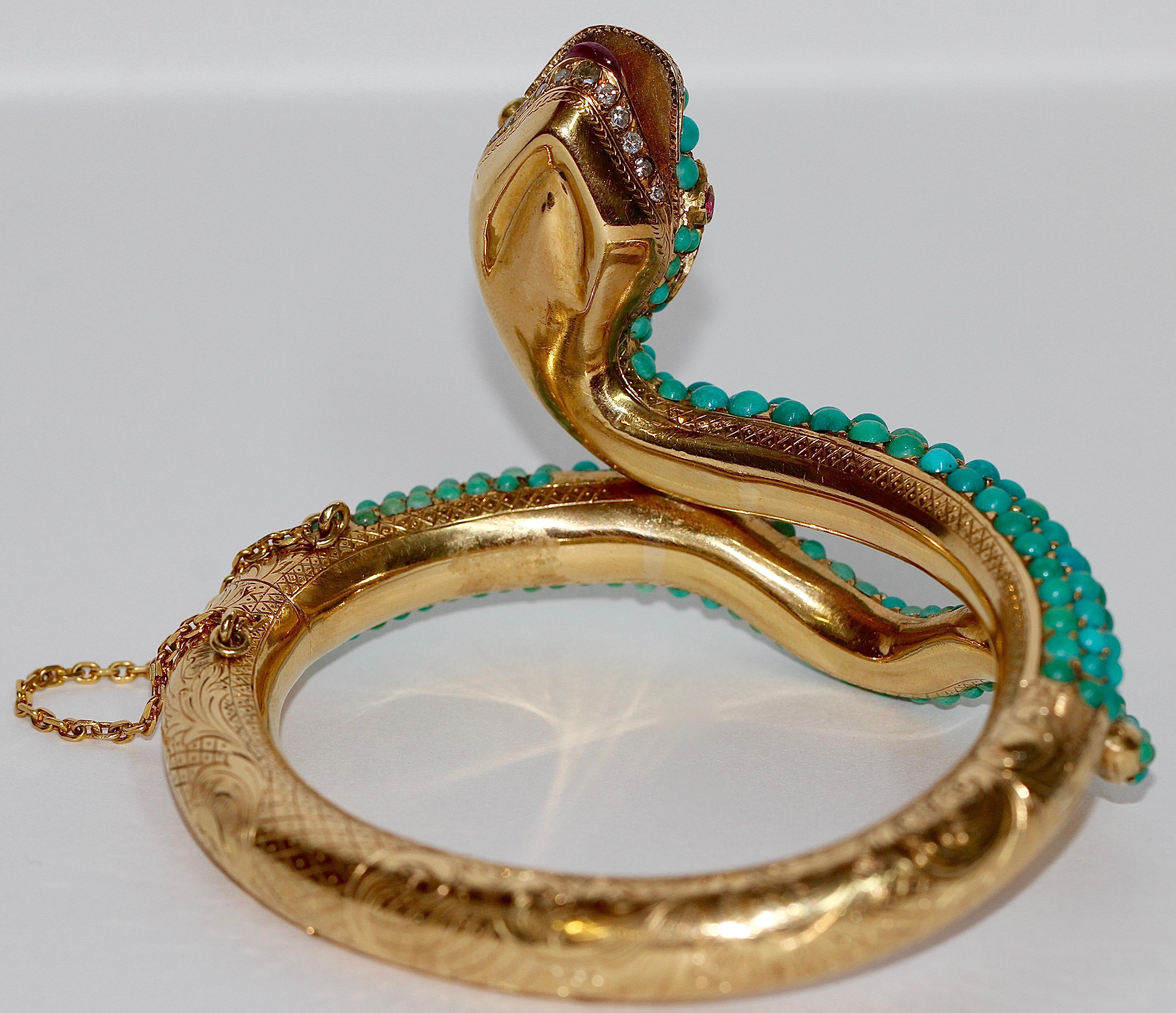 18 Karat Gold Snake Bracelet Bangle Set with Turquoise, Diamonds and Rubies In Excellent Condition For Sale In Berlin, DE