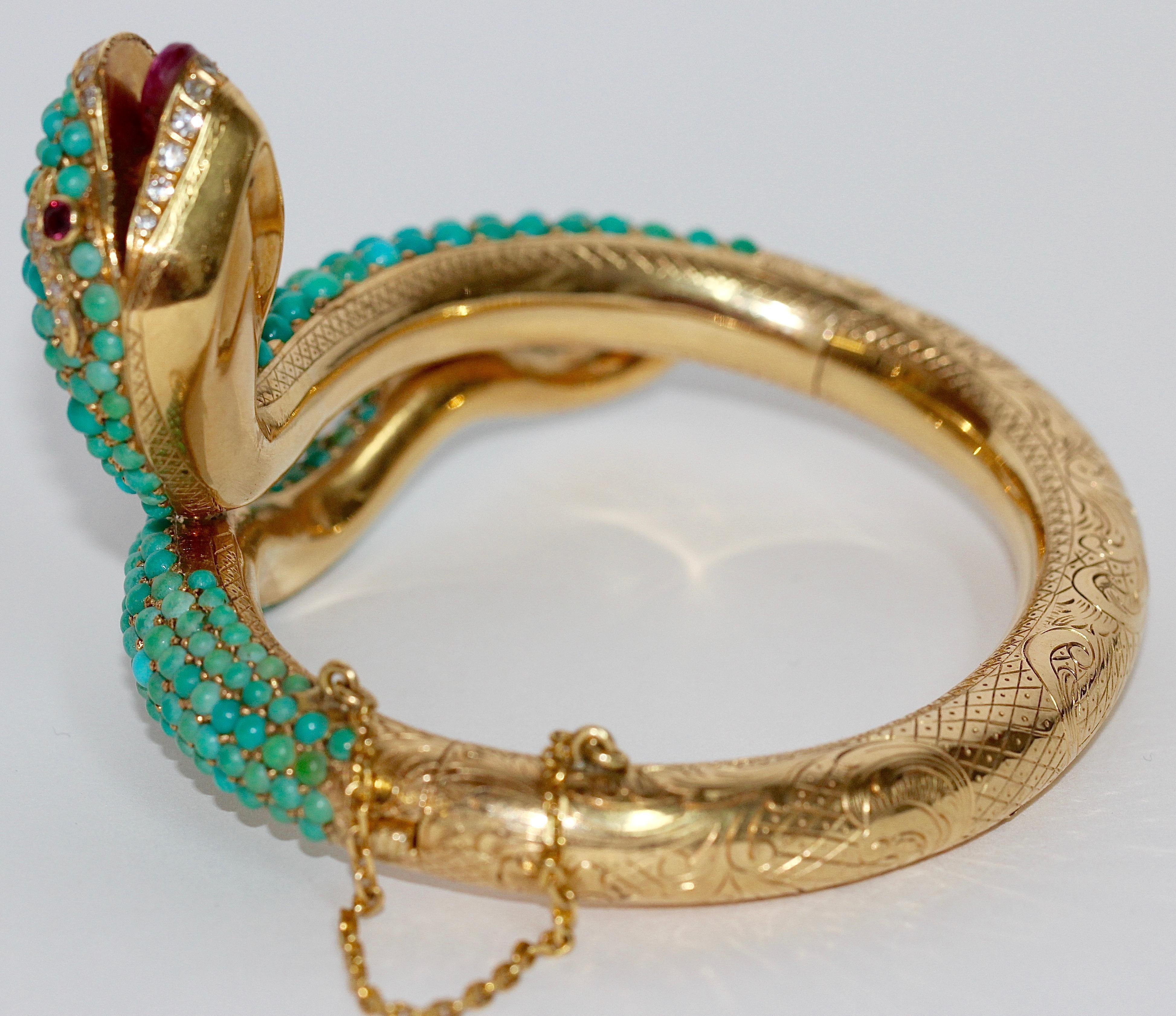 Women's 18 Karat Gold Snake Bracelet Bangle Set with Turquoise, Diamonds and Rubies For Sale