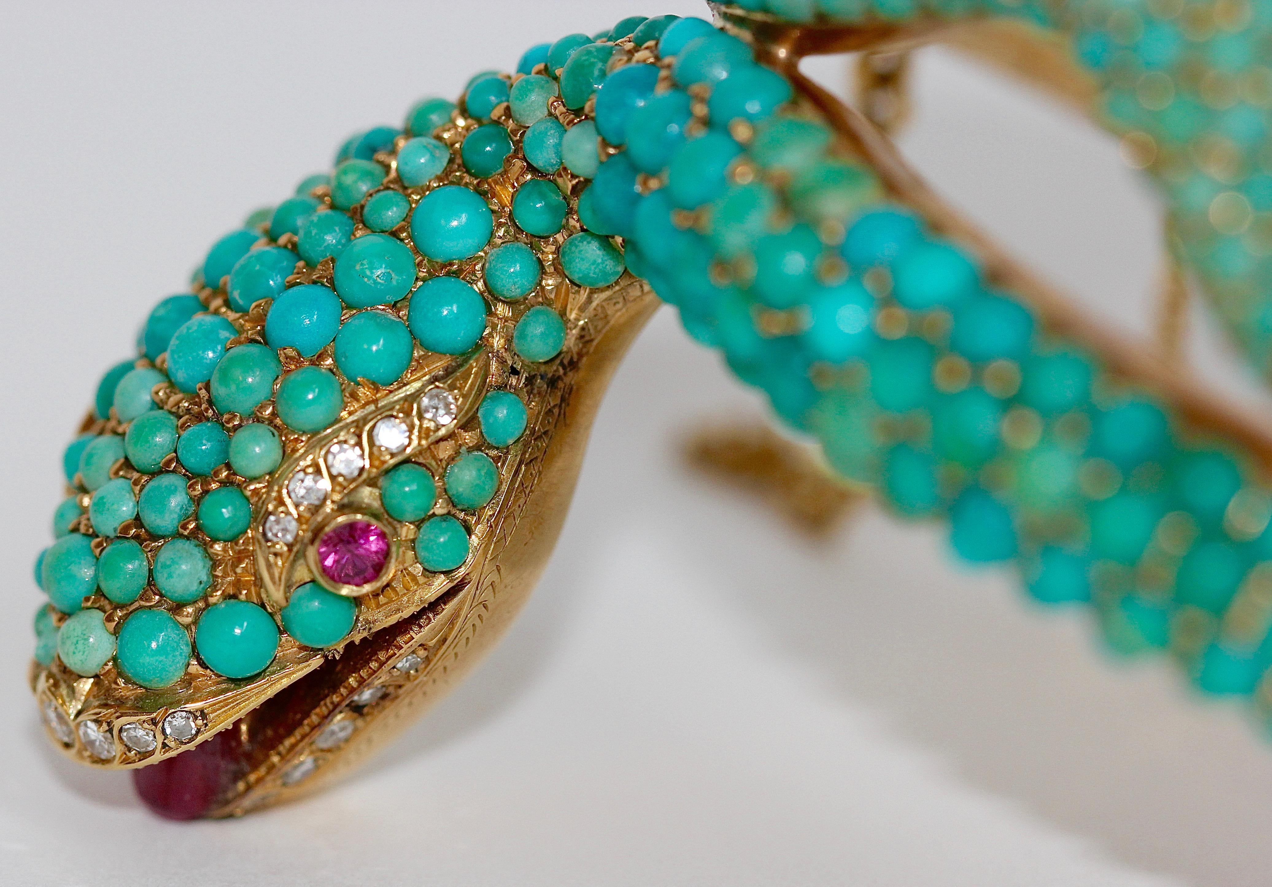 18 Karat Gold Snake Bracelet Bangle Set with Turquoise, Diamonds and Rubies For Sale 1