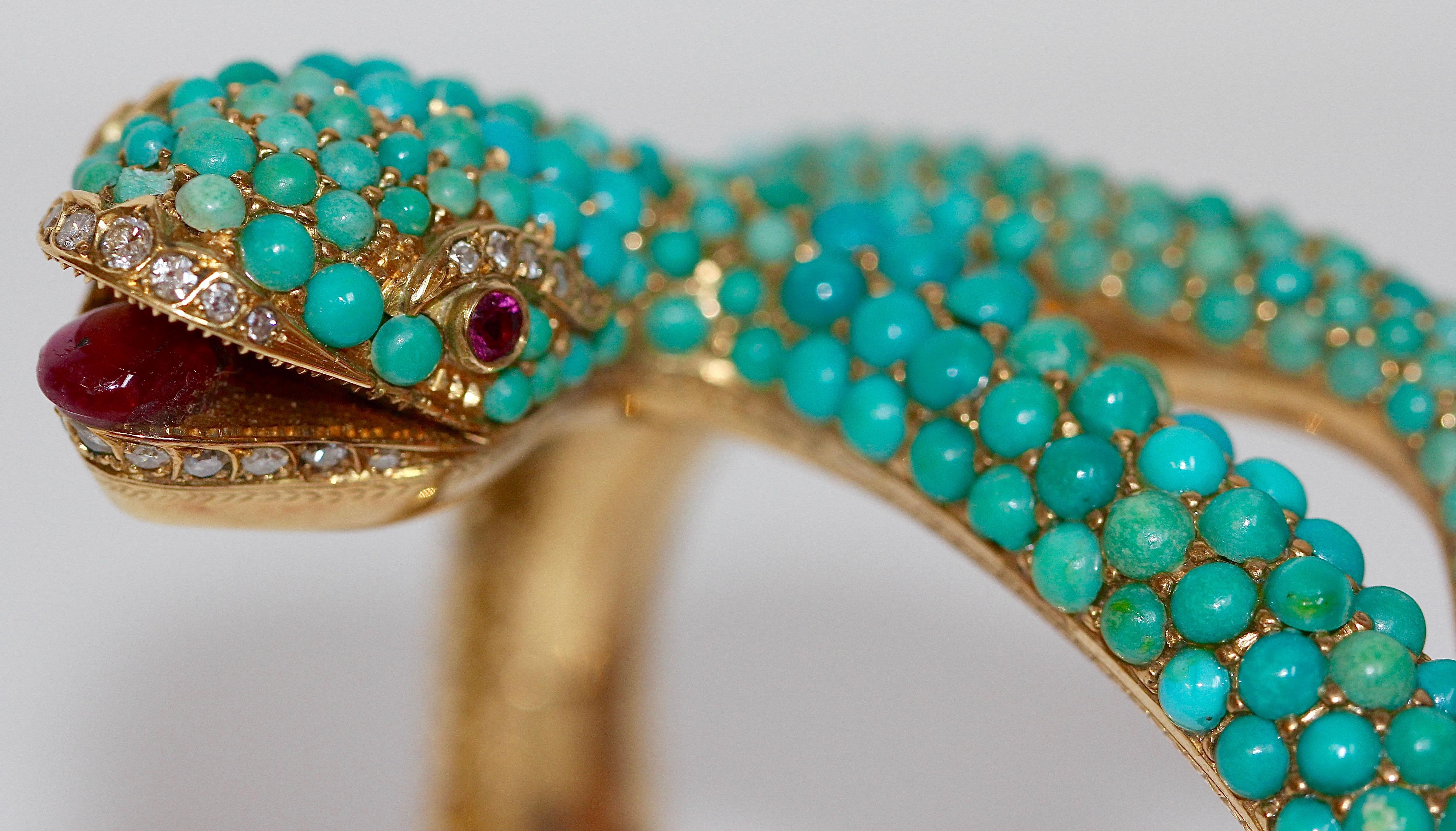 18 Karat Gold Snake Bracelet Bangle Set with Turquoise, Diamonds and Rubies For Sale 2